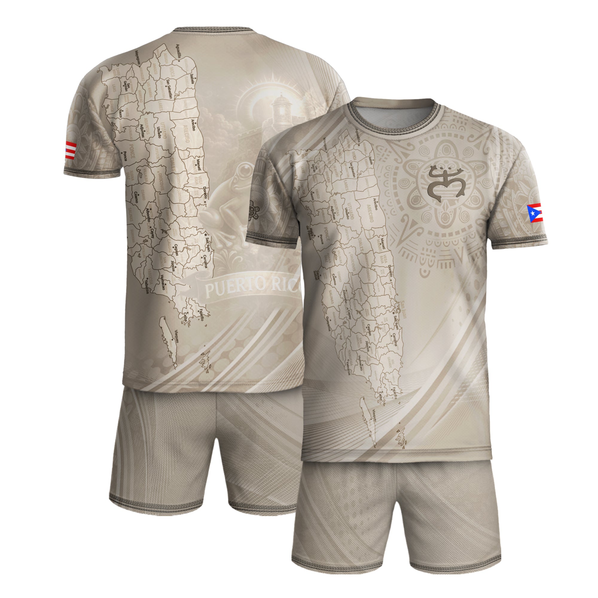 Puerto Rico Map Boricua Coqui Frog El Morro Taino Beige Pride Gift Soccer Jersey