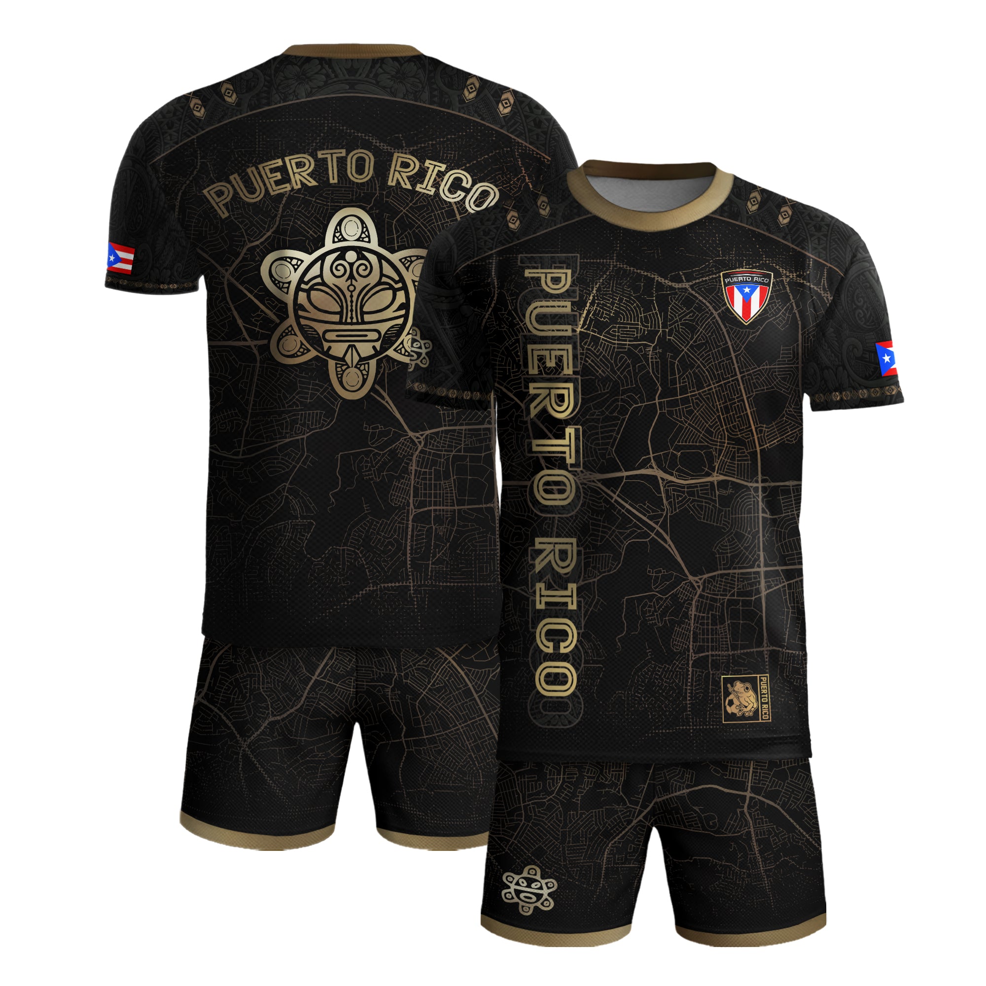 Camiseta de fútbol boricua del Patrimonio Nacional del Sol Taino con mapa de calles de Puerto Rico en negro y dorado