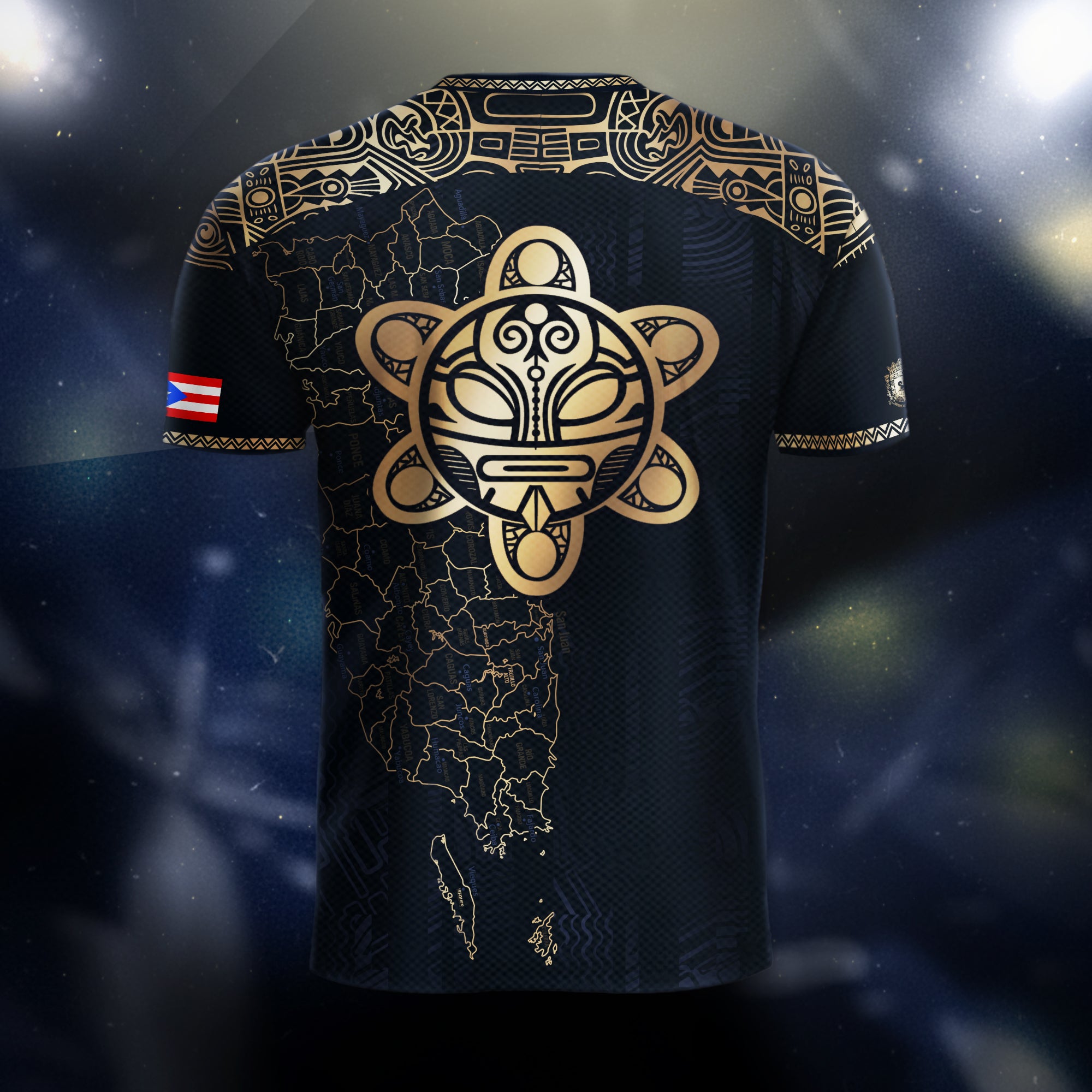 Camiseta de fútbol con máscara taína boricua azul marino de Puerto Rico, bandera tribal, orgullo nacional