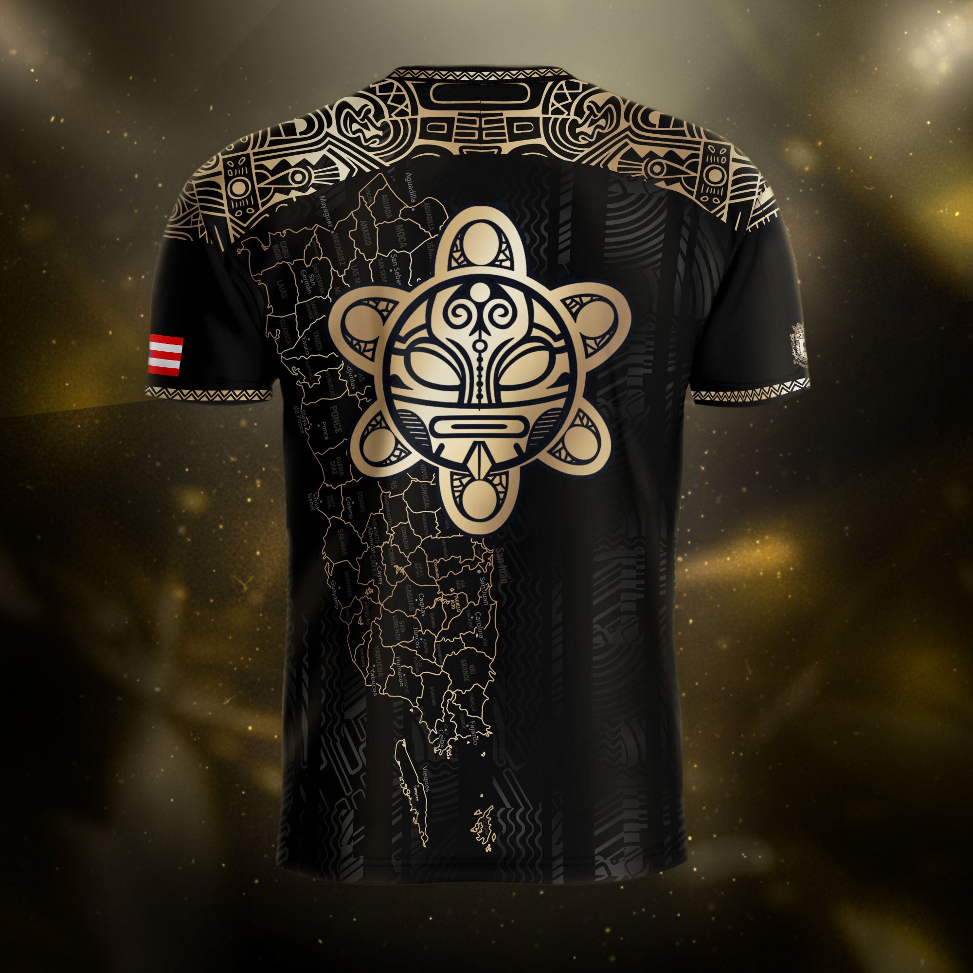 Camiseta de fútbol con el símbolo del mapa tribal boricua negro y dorado de Puerto Rico, herencia nacional