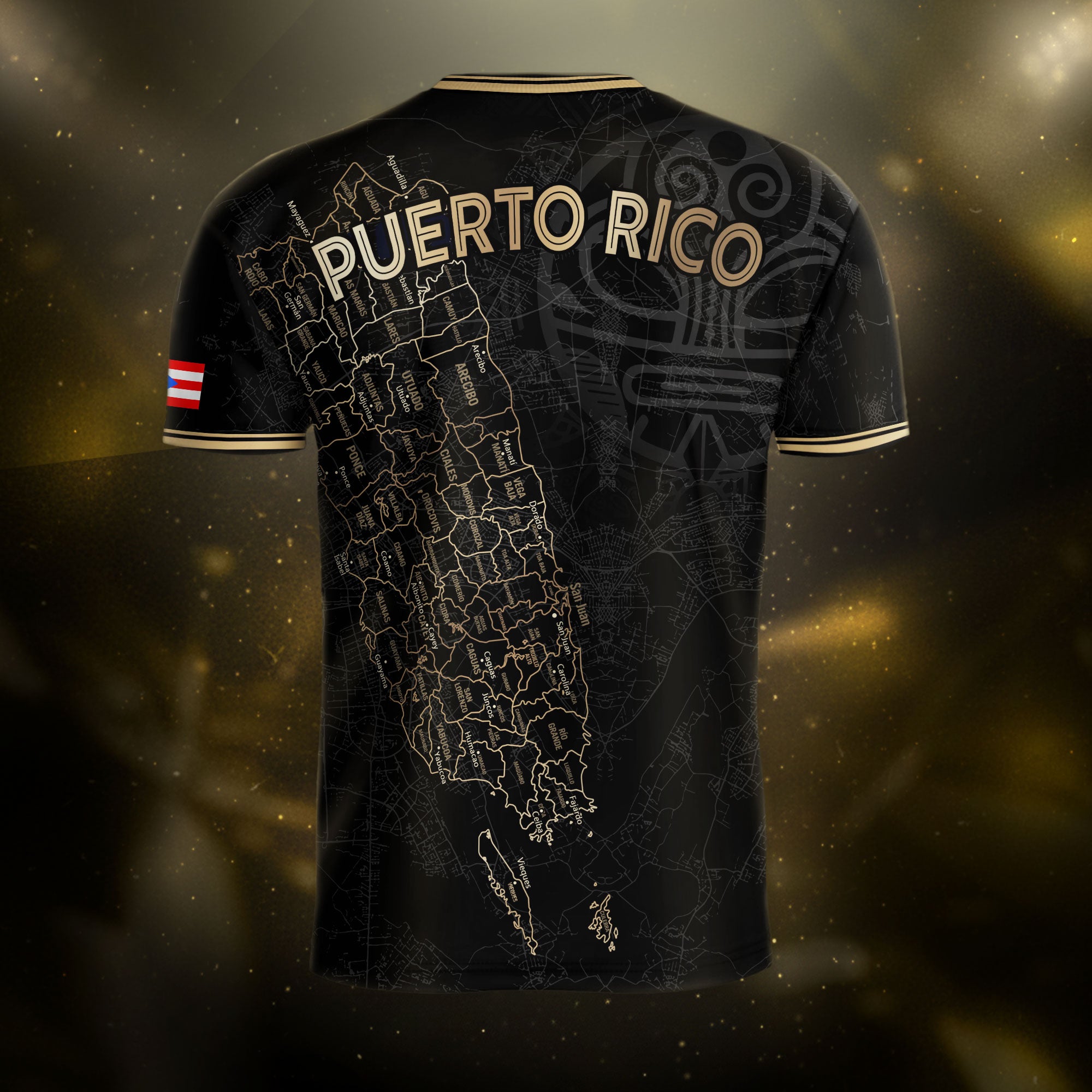 Camiseta nacional de fútbol con símbolos tribales boricuas y taínos de Puerto Rico en oro negro