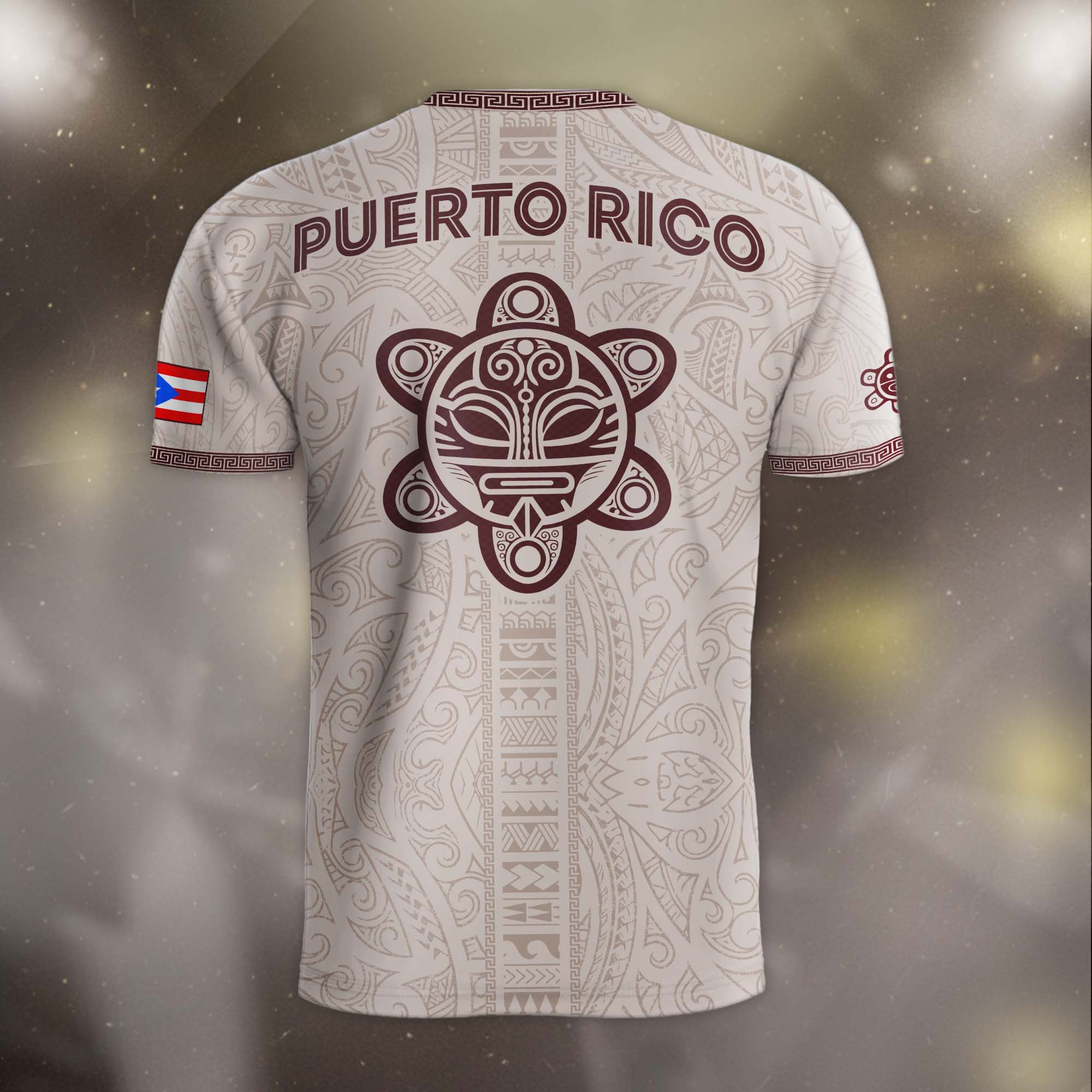 Camiseta de fútbol de Puerto Rico con símbolo tribal blanco burdeos y herencia nacional