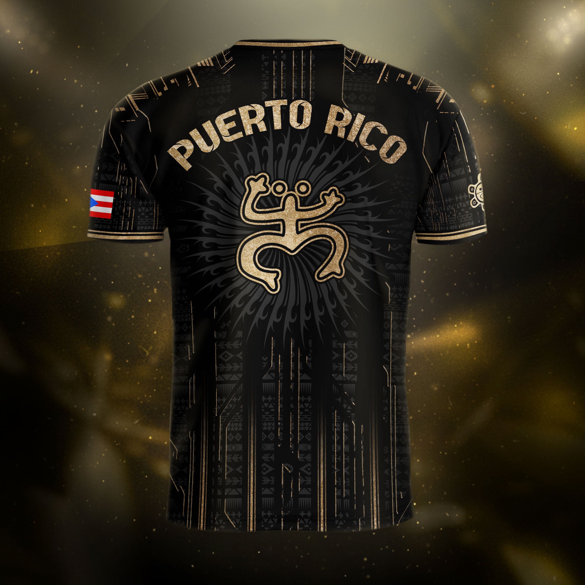 Camiseta de fútbol de la herencia nacional del guerrero tribal negro y dorado de Puerto Rico