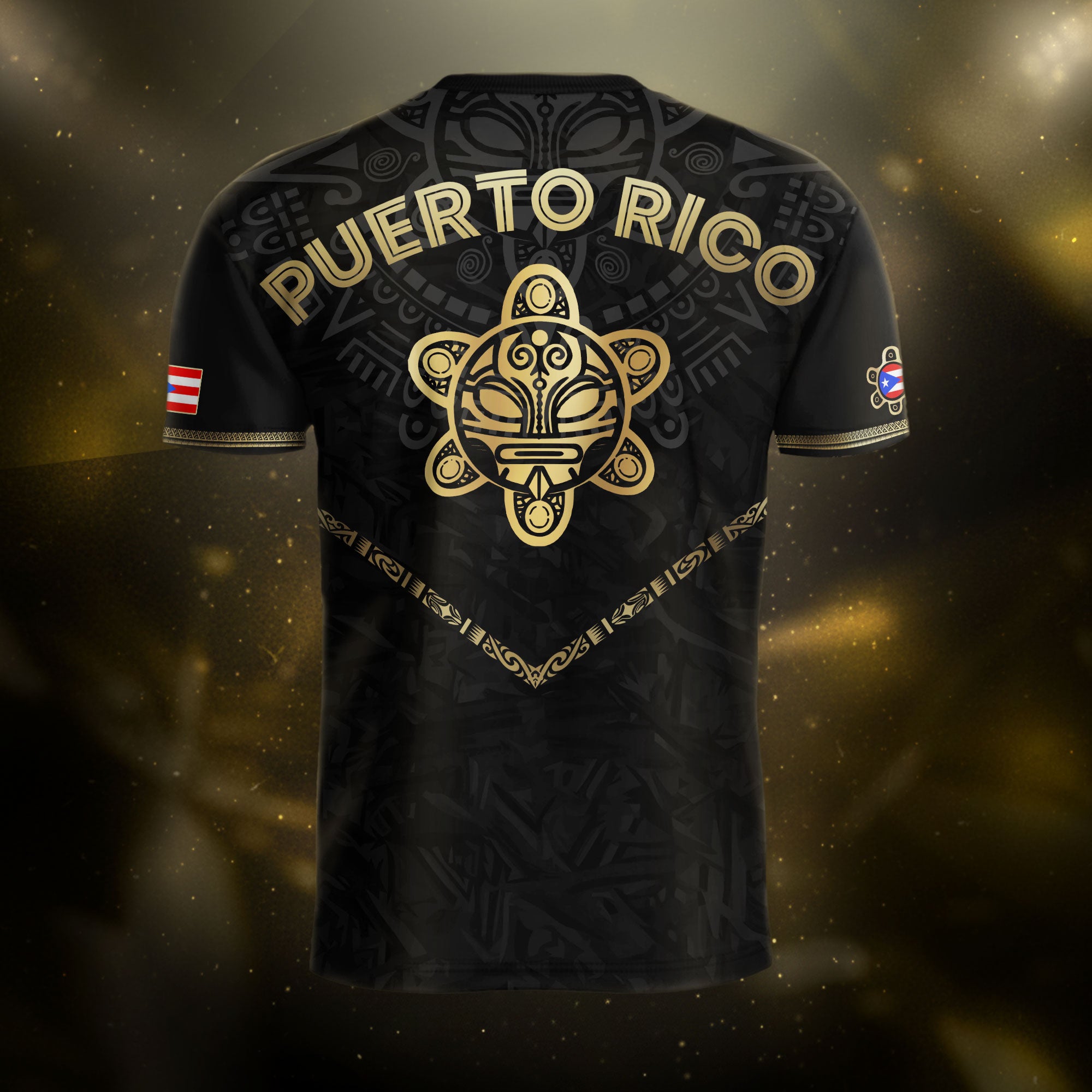 Camiseta de fútbol boricua de la herencia nacional del Sol Taino de la Rana Coquí Negra Dorada de Puerto Rico