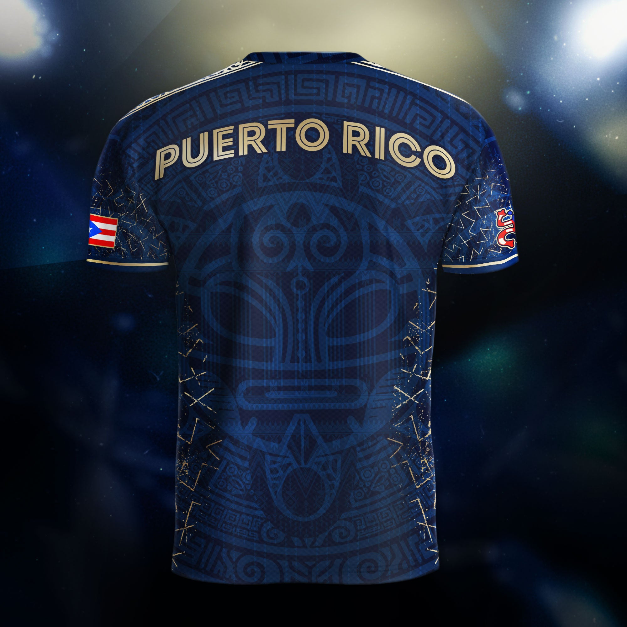 Camiseta de fútbol boricua de la herencia nacional con símbolo taíno azul real y dorado de Puerto Rico