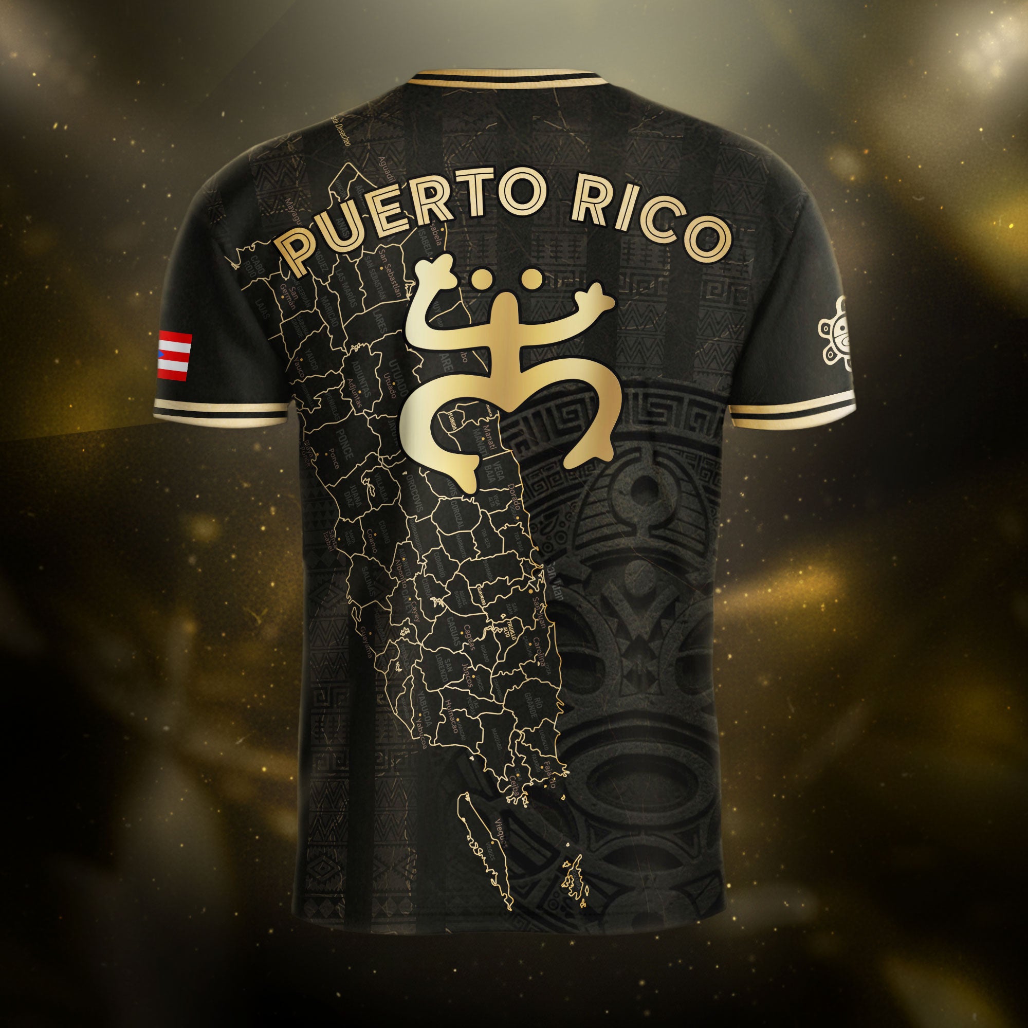 Camiseta de fútbol boricua del Patrimonio Nacional del Sol Taino con el Mapa de la Isla Dorada Negra de Puerto Rico