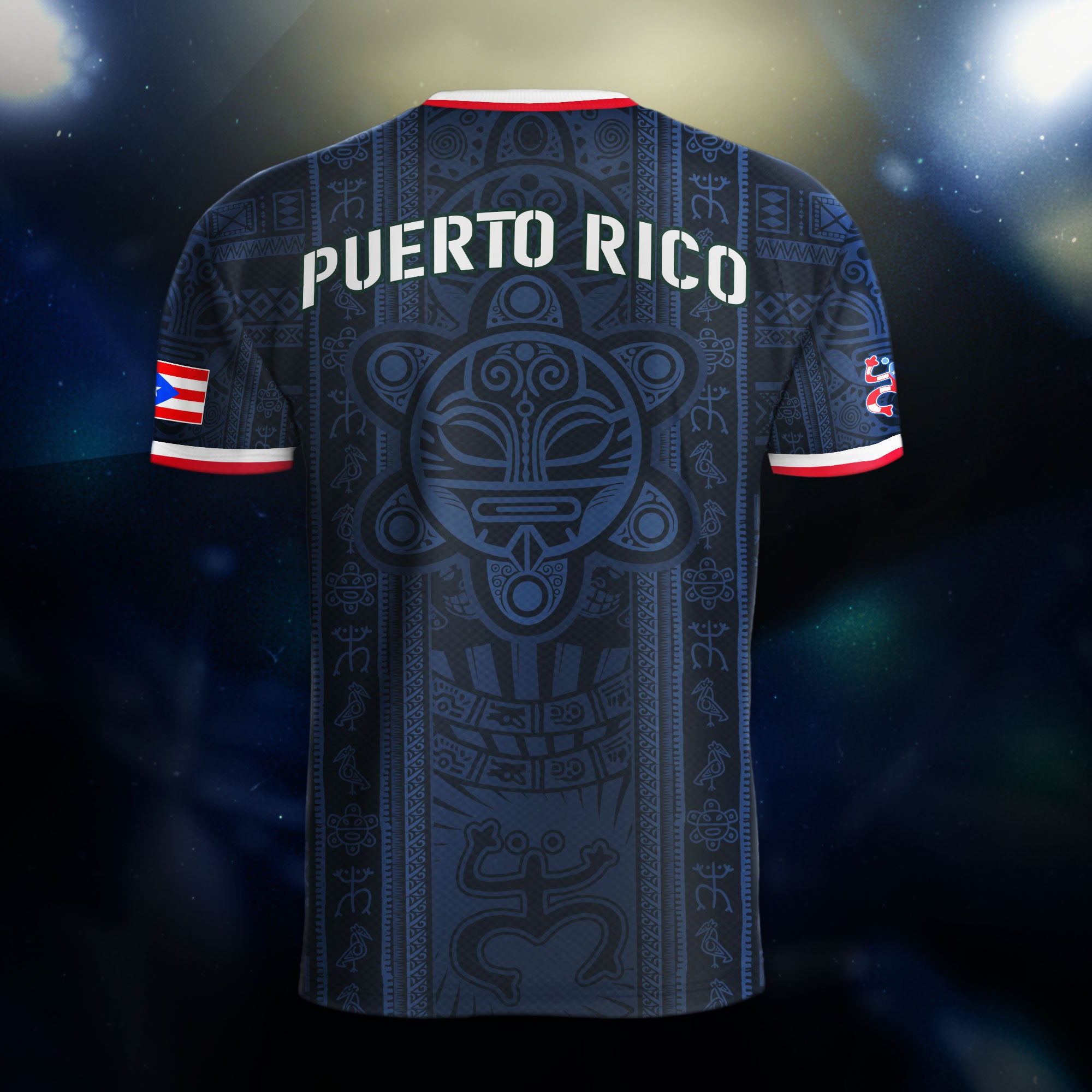 Camiseta de fútbol boricua de herencia nacional con patrón de símbolo taíno azul marino de Puerto Rico