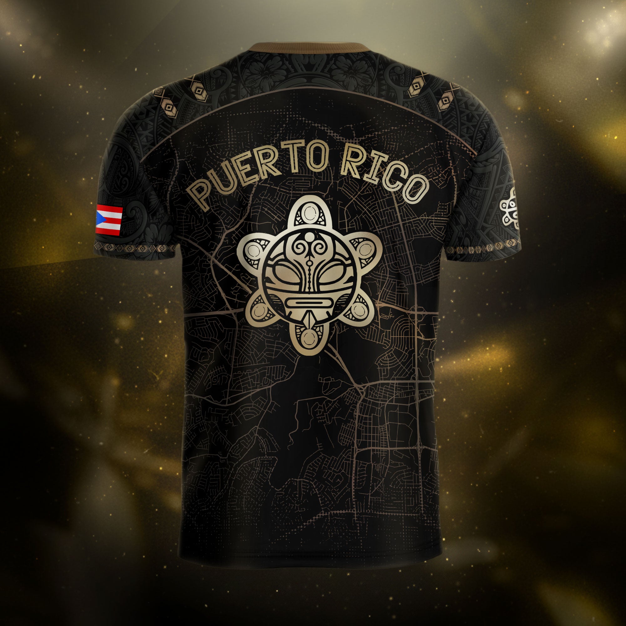 Camiseta de fútbol boricua del Patrimonio Nacional del Sol Taino con mapa de calles de Puerto Rico en negro y dorado