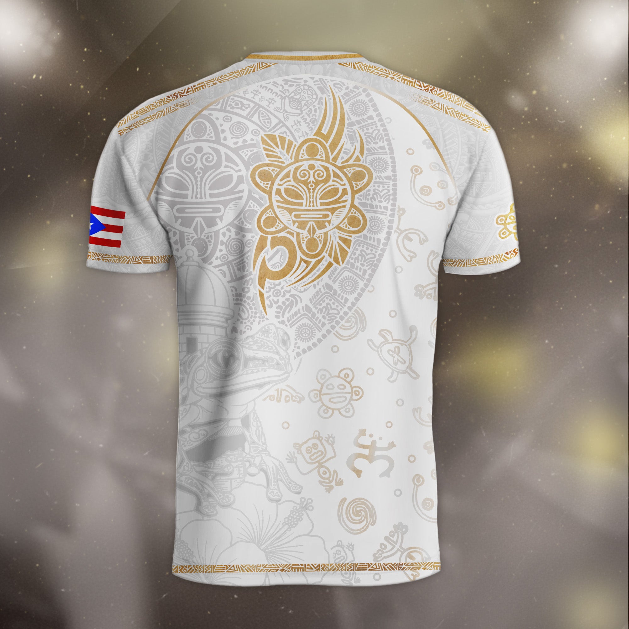 Camiseta de fútbol de la herencia nacional del sol taíno de Puerto Rico, rana coquí dorada blanca
