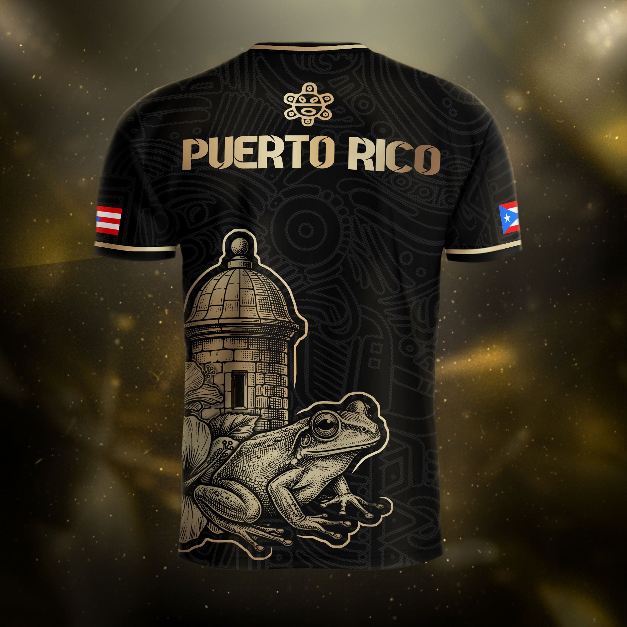 Puerto Rico Black Gold Boricua El Morro Coqui Frog Hibiscus Historical Soccer Jersey