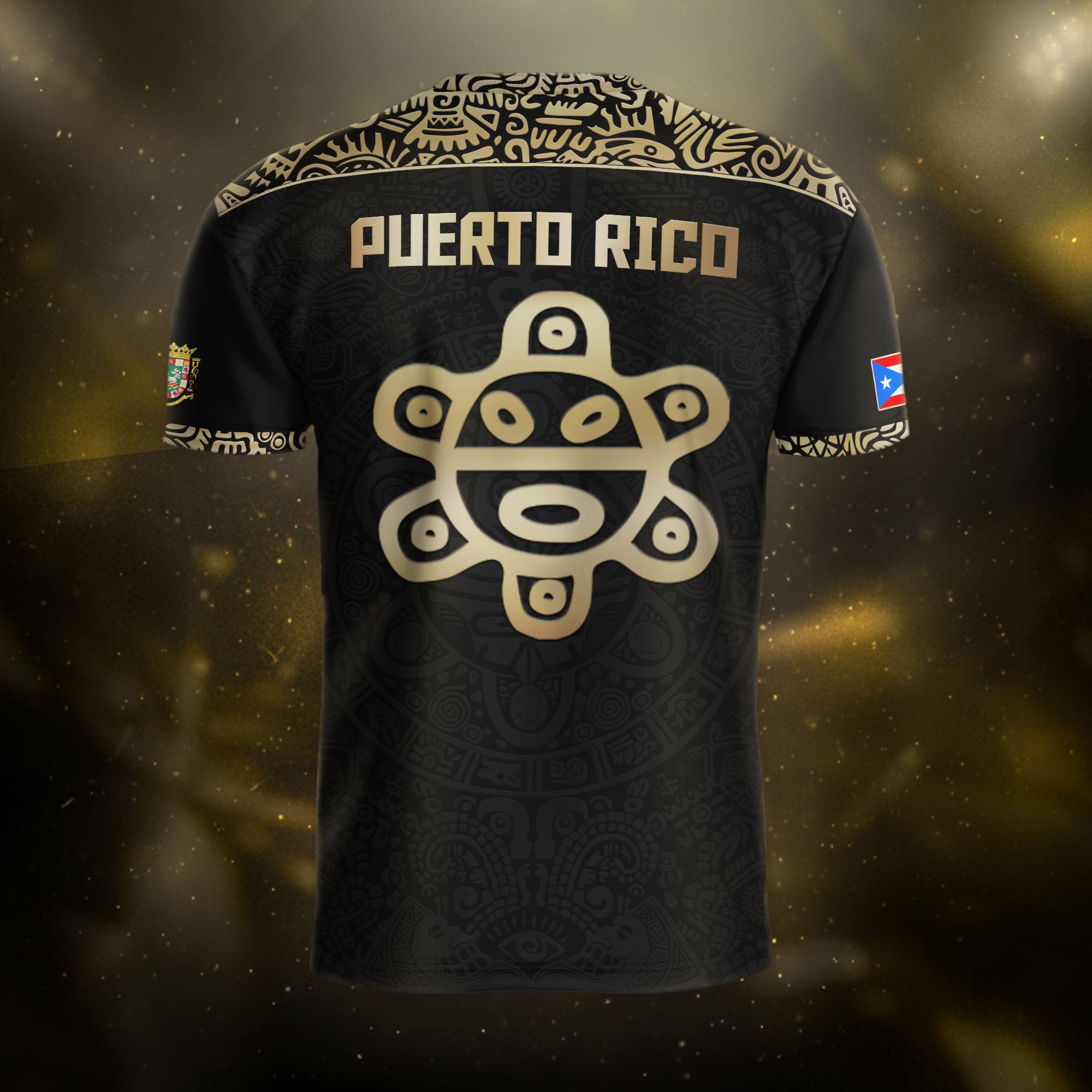 Camiseta de fútbol Puerto Rico Black Gold Boricua Taino Sun Mask Tribal National Pride Heritage