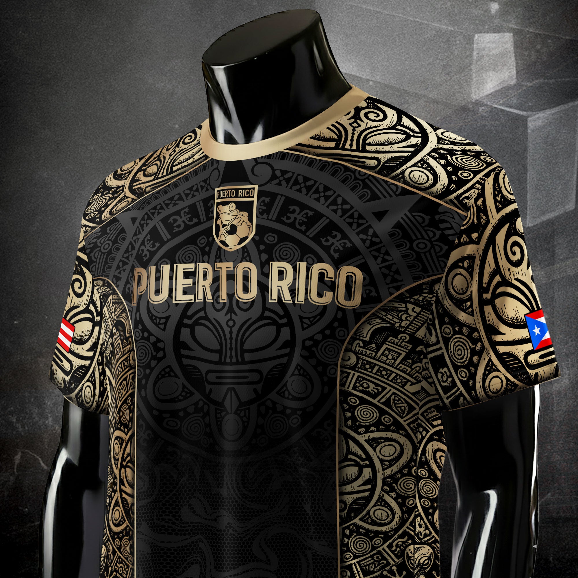 Puerto Rico Boricua Coqui Frog Taino Tribal Black Gold National Soccer Jersey