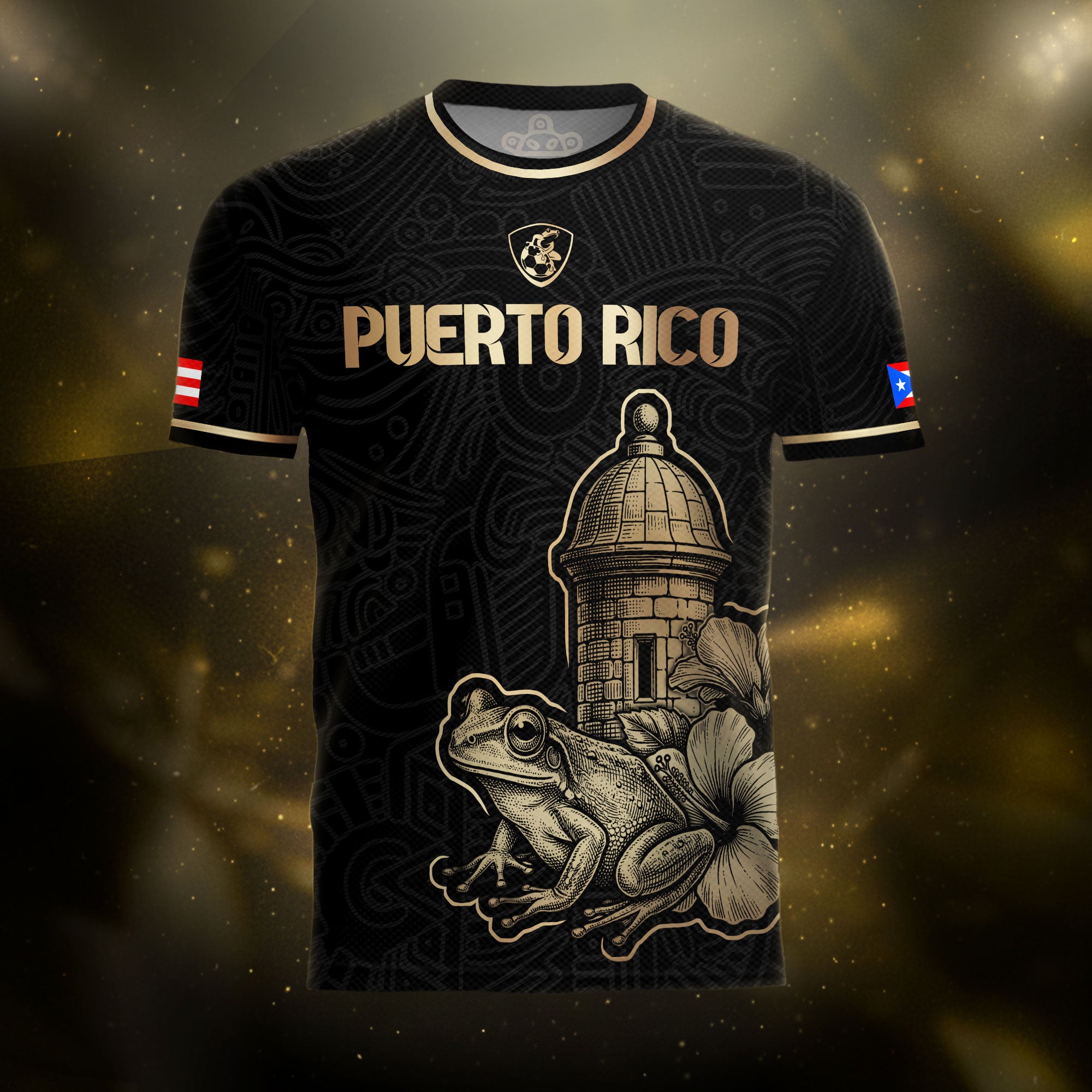 Puerto Rico Black Gold Boricua El Morro Coqui Frog Hibiscus Historical Soccer Jersey