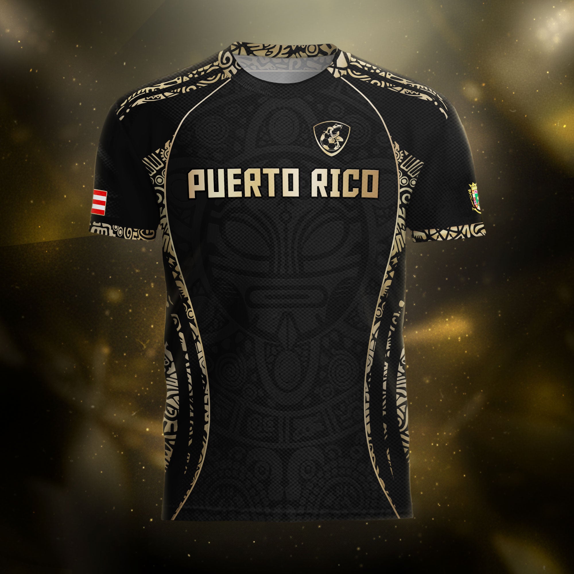 Camiseta de fútbol Puerto Rico Black Gold Boricua Taino Sun Mask Tribal National Pride Heritage