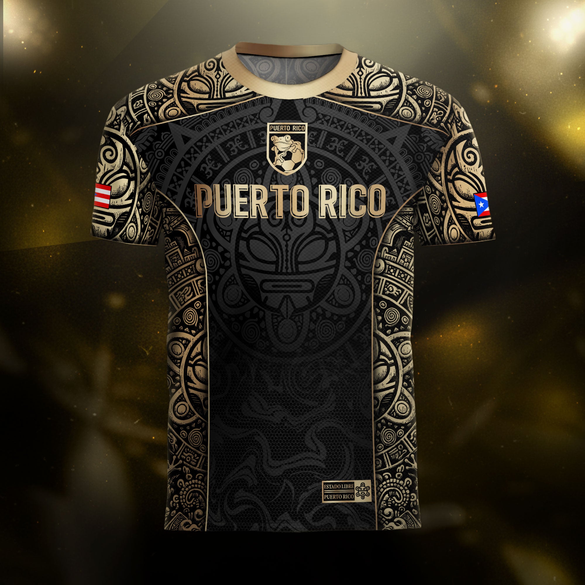 Puerto Rico Boricua Coqui Frog Taino Tribal Black Gold National Soccer Jersey