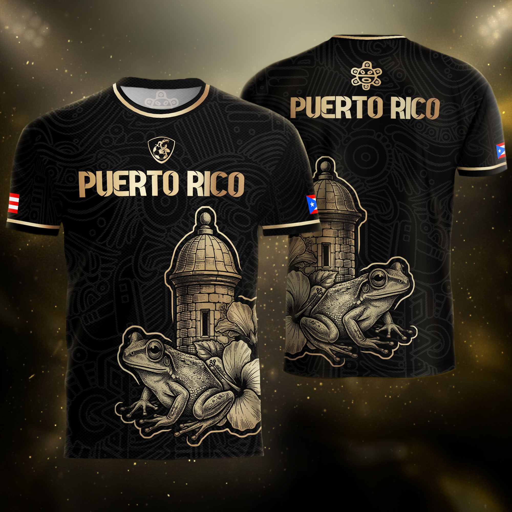 Puerto Rico Black Gold Boricua El Morro Coqui Frog Hibiscus Historical Soccer Jersey
