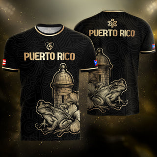 Puerto Rico Soccer Jersey in Black Gold for Men and Women, El Morro Coqui Frog Hibiscus, Top Puerto Rico Jersey and Puerto Rico Shirt, Northryn Co.