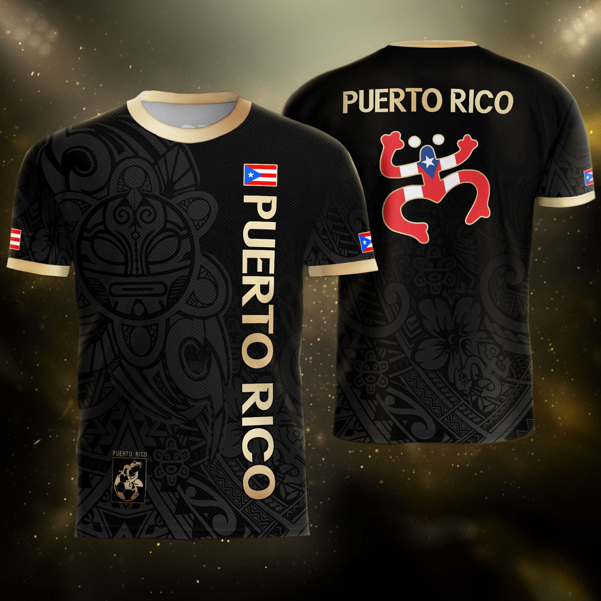 Puerto Rico Black Gold Boricua Coqui Frog Tribal Taino National Pride Football Jersey