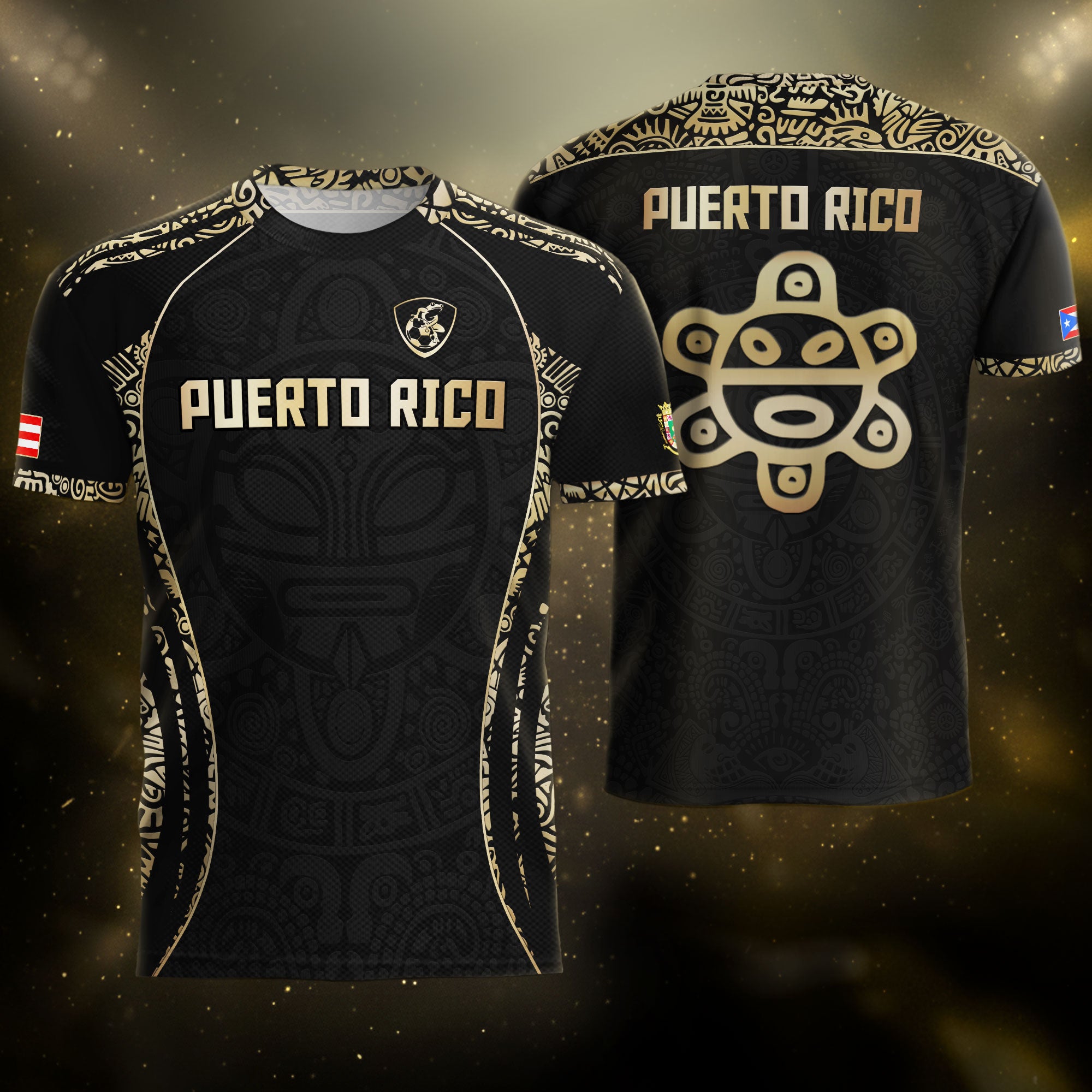 Camiseta de fútbol Puerto Rico Black Gold Boricua Taino Sun Mask Tribal National Pride Heritage