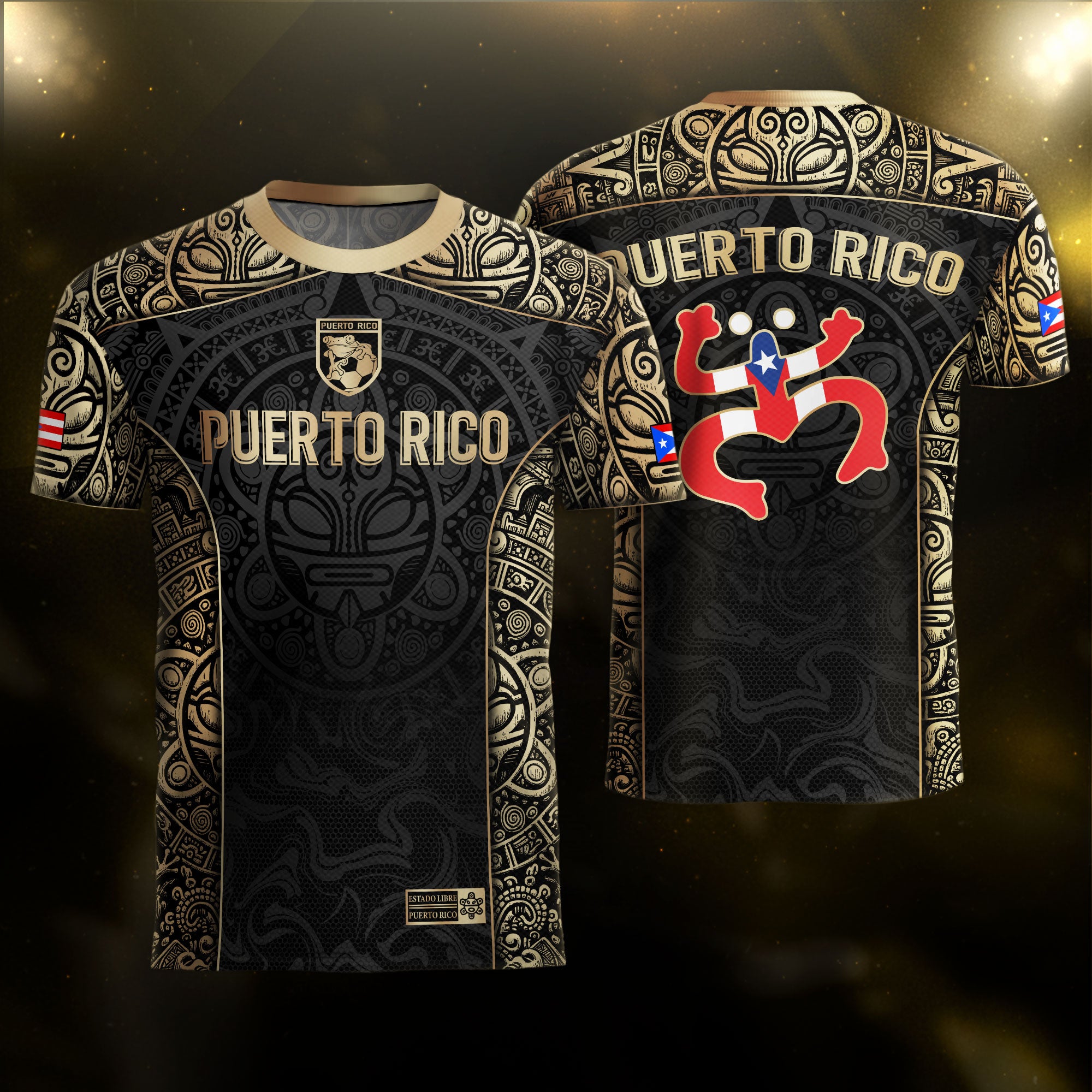 Puerto Rico Boricua Coqui Frog Taino Tribal Black Gold National Soccer Jersey