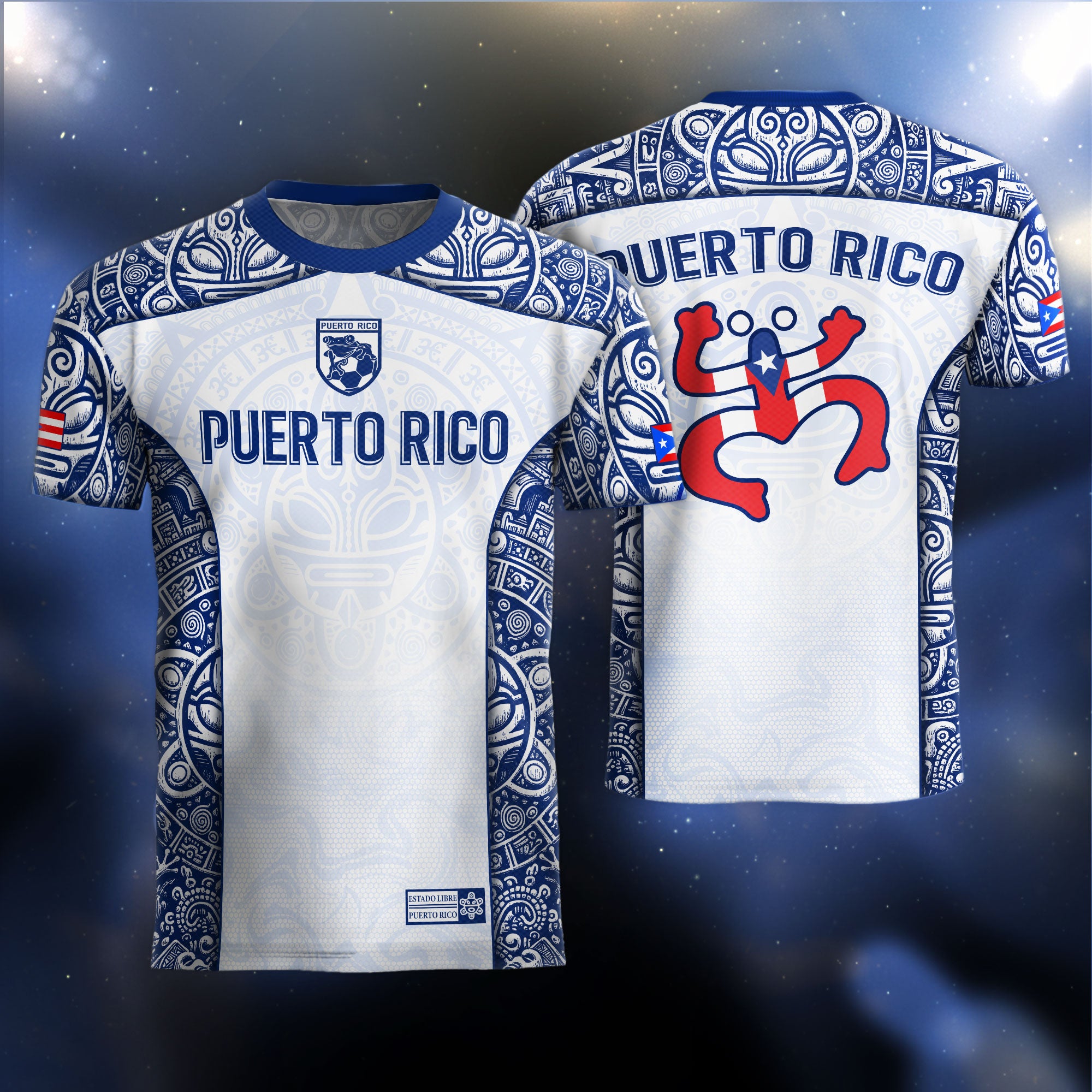 Puerto Rico Boricua Coqui Frog Taino Tribal White Royal Blue National Soccer Jersey