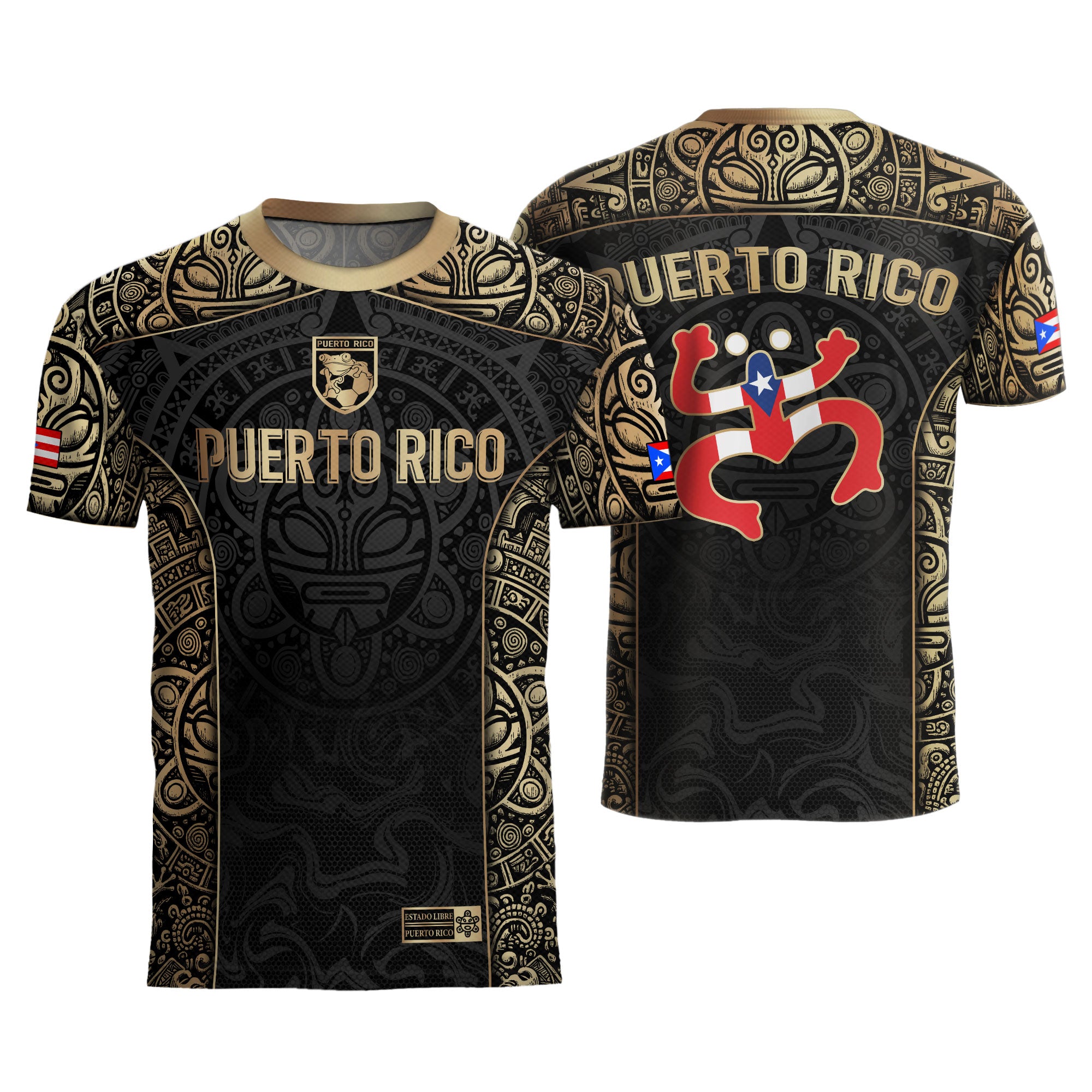 Puerto Rico Boricua Coqui Frog Taino Tribal Black Gold National Soccer Jersey