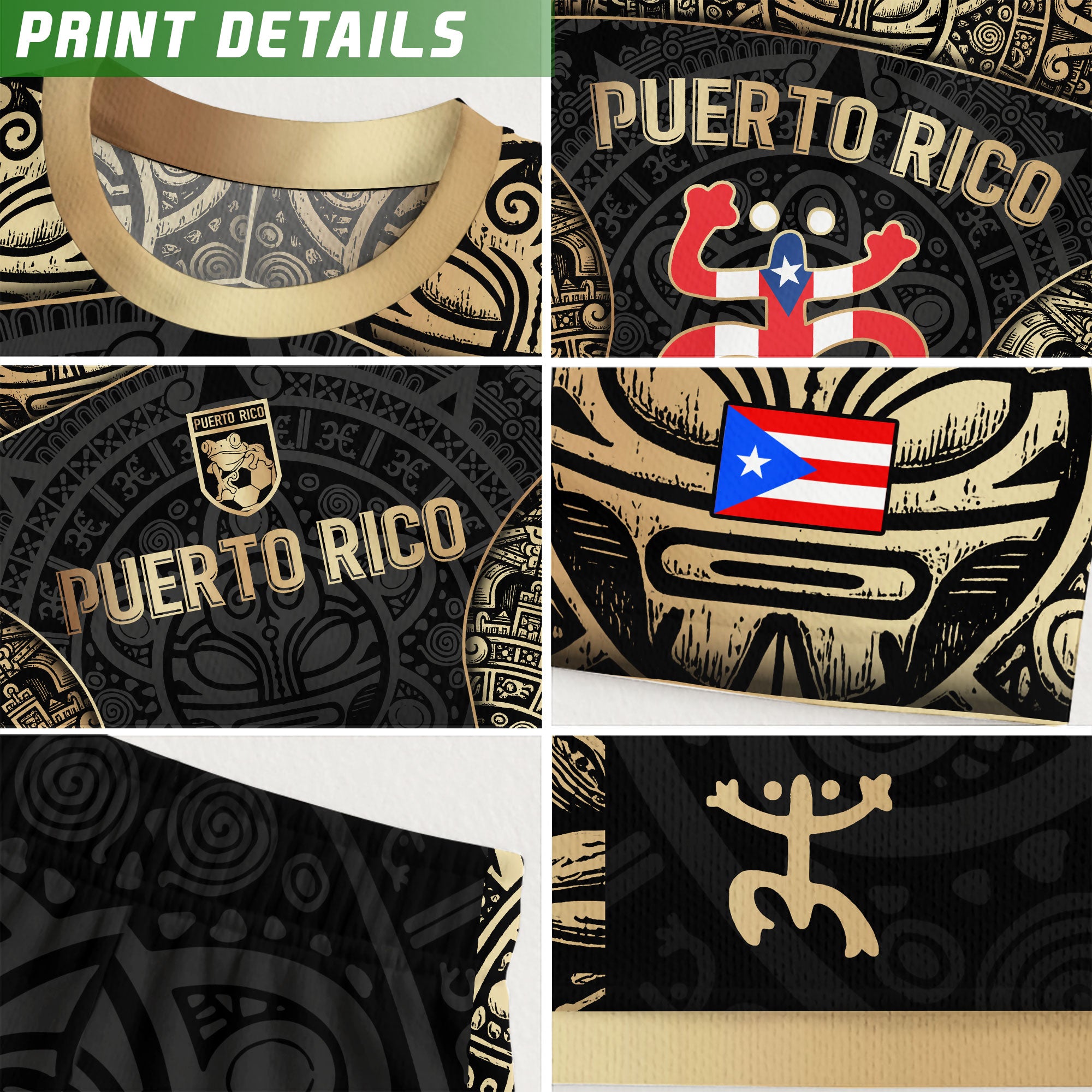 Puerto Rico Boricua Coqui Frog Taino Tribal Black Gold National Soccer Jersey