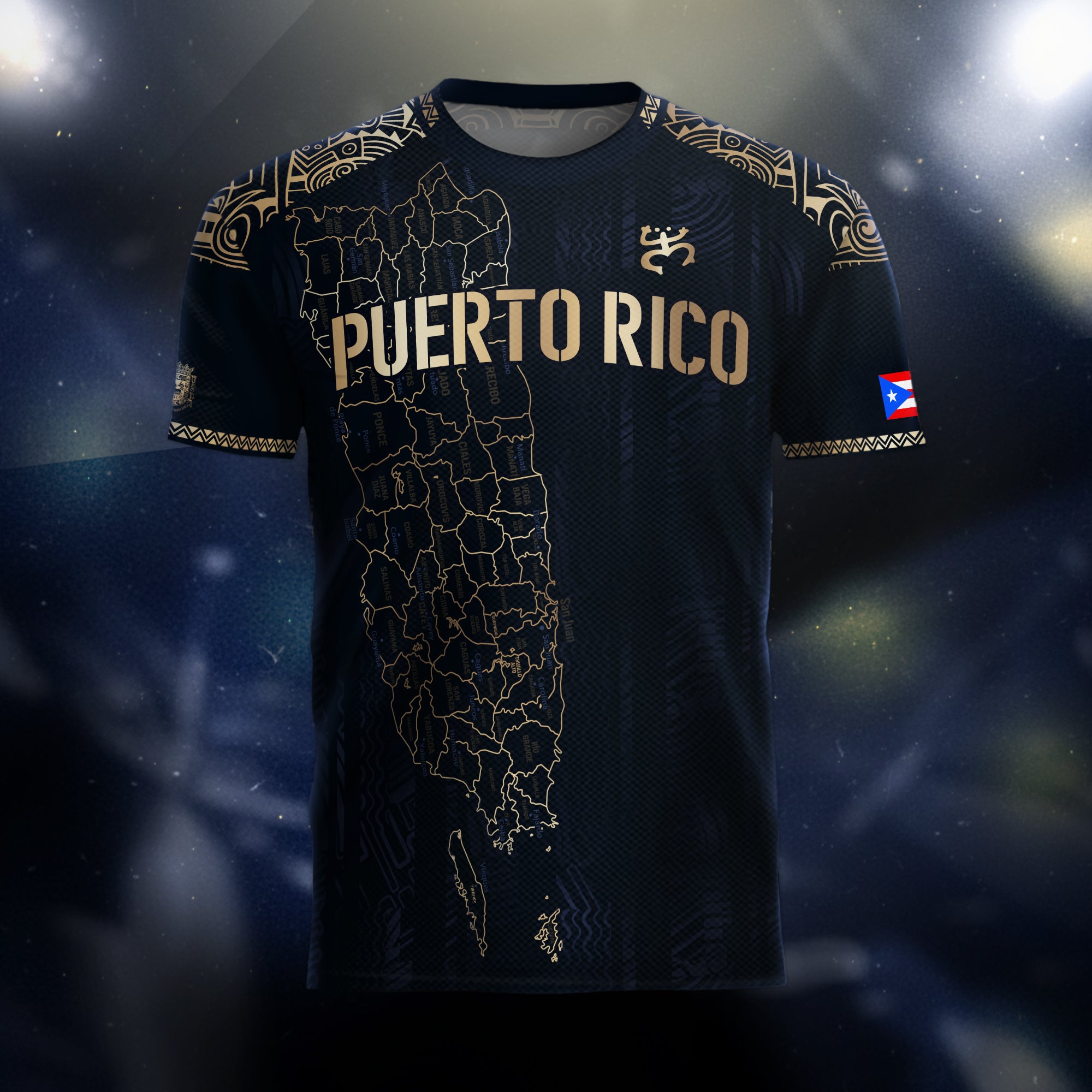 Camiseta de fútbol con máscara taína boricua azul marino de Puerto Rico, bandera tribal, orgullo nacional
