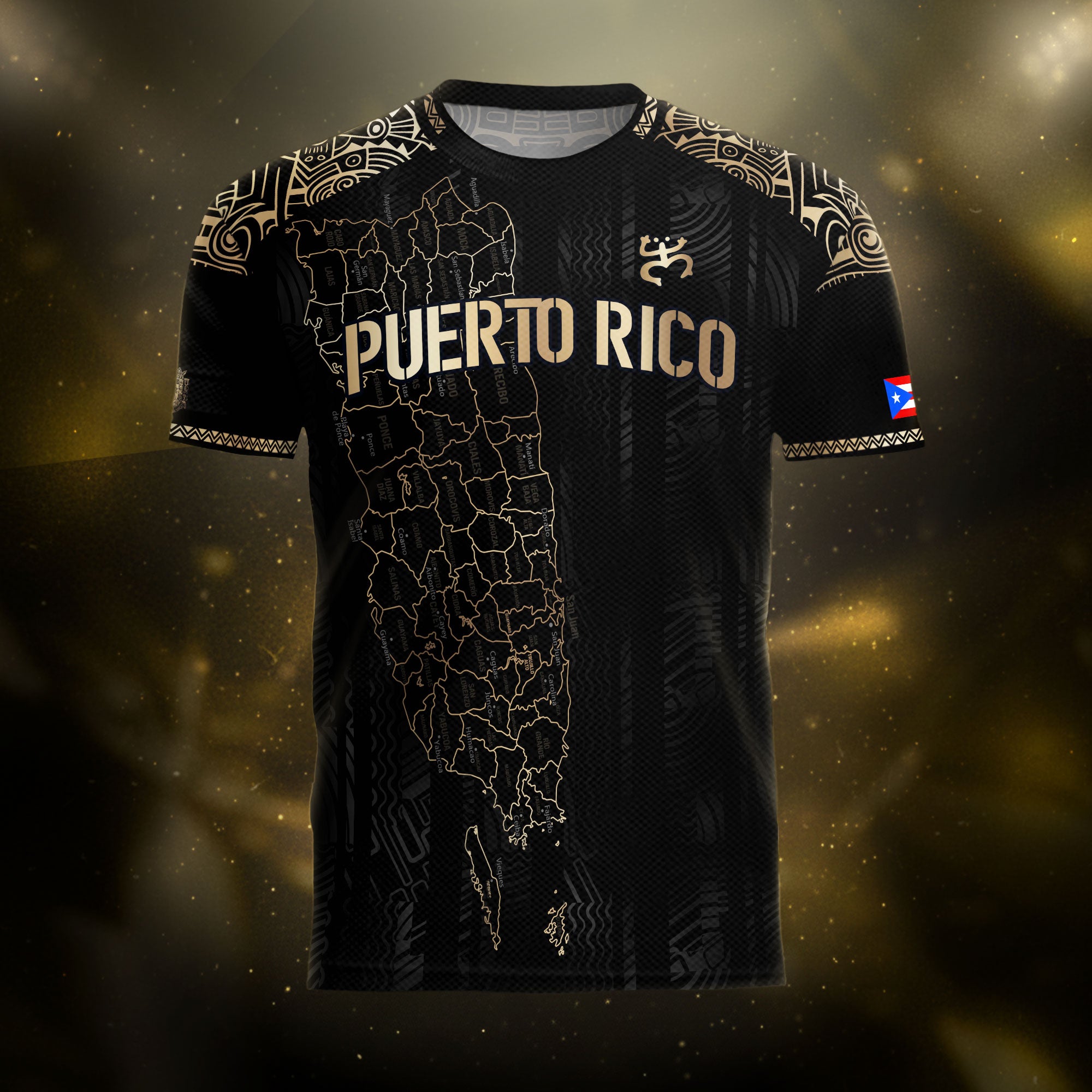 Camiseta de fútbol con el símbolo del mapa tribal boricua negro y dorado de Puerto Rico, herencia nacional