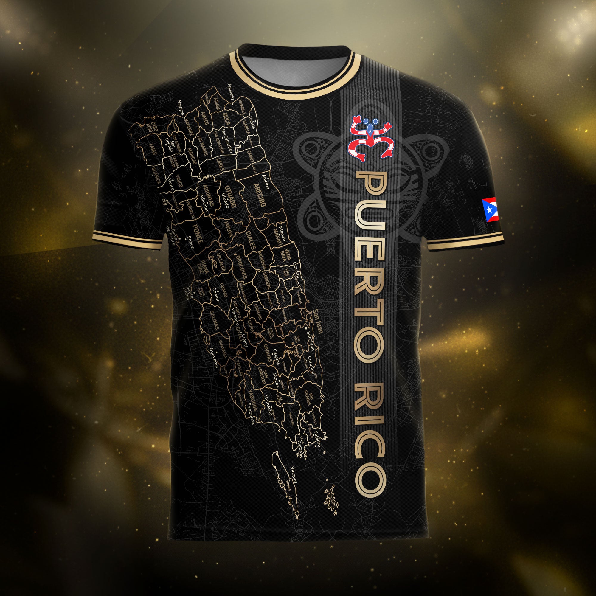 Camiseta nacional de fútbol con símbolos tribales boricuas y taínos de Puerto Rico en oro negro