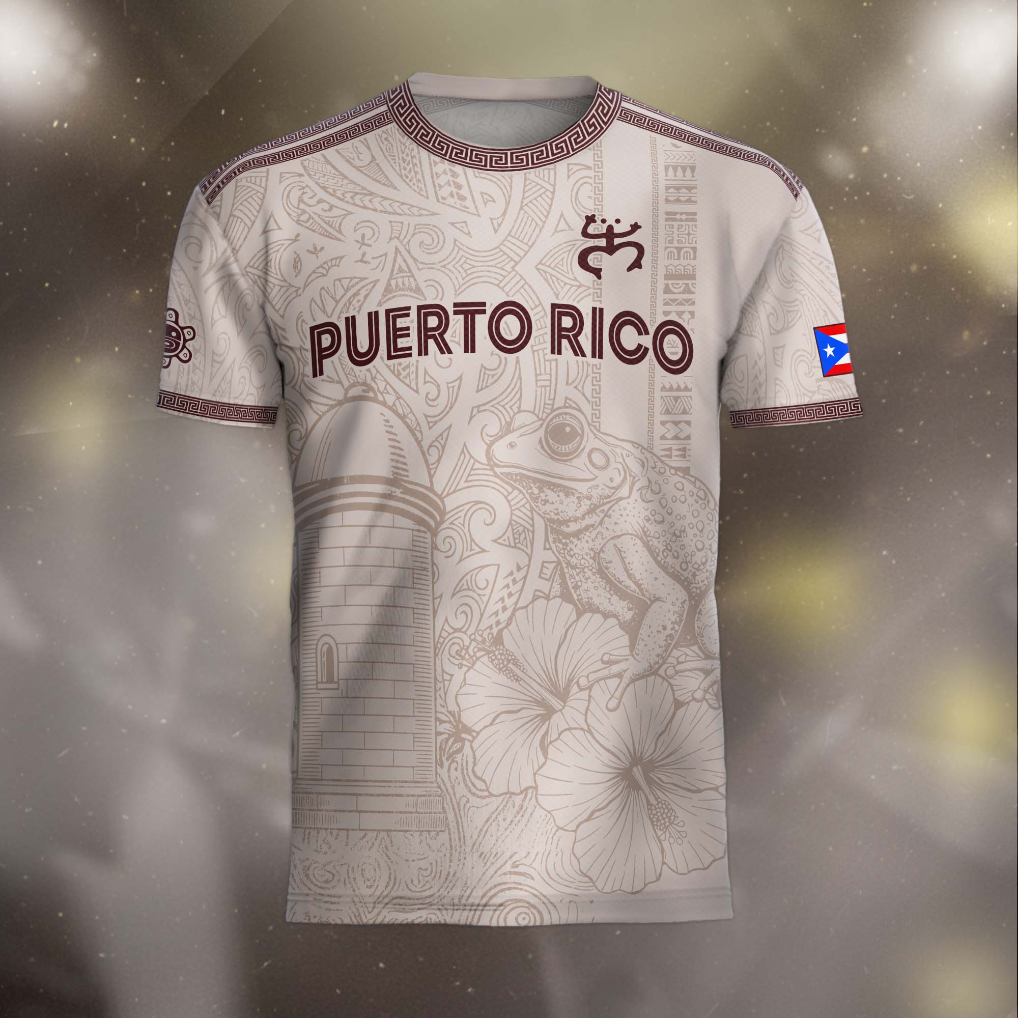 Camiseta de fútbol de Puerto Rico con símbolo tribal blanco burdeos y herencia nacional