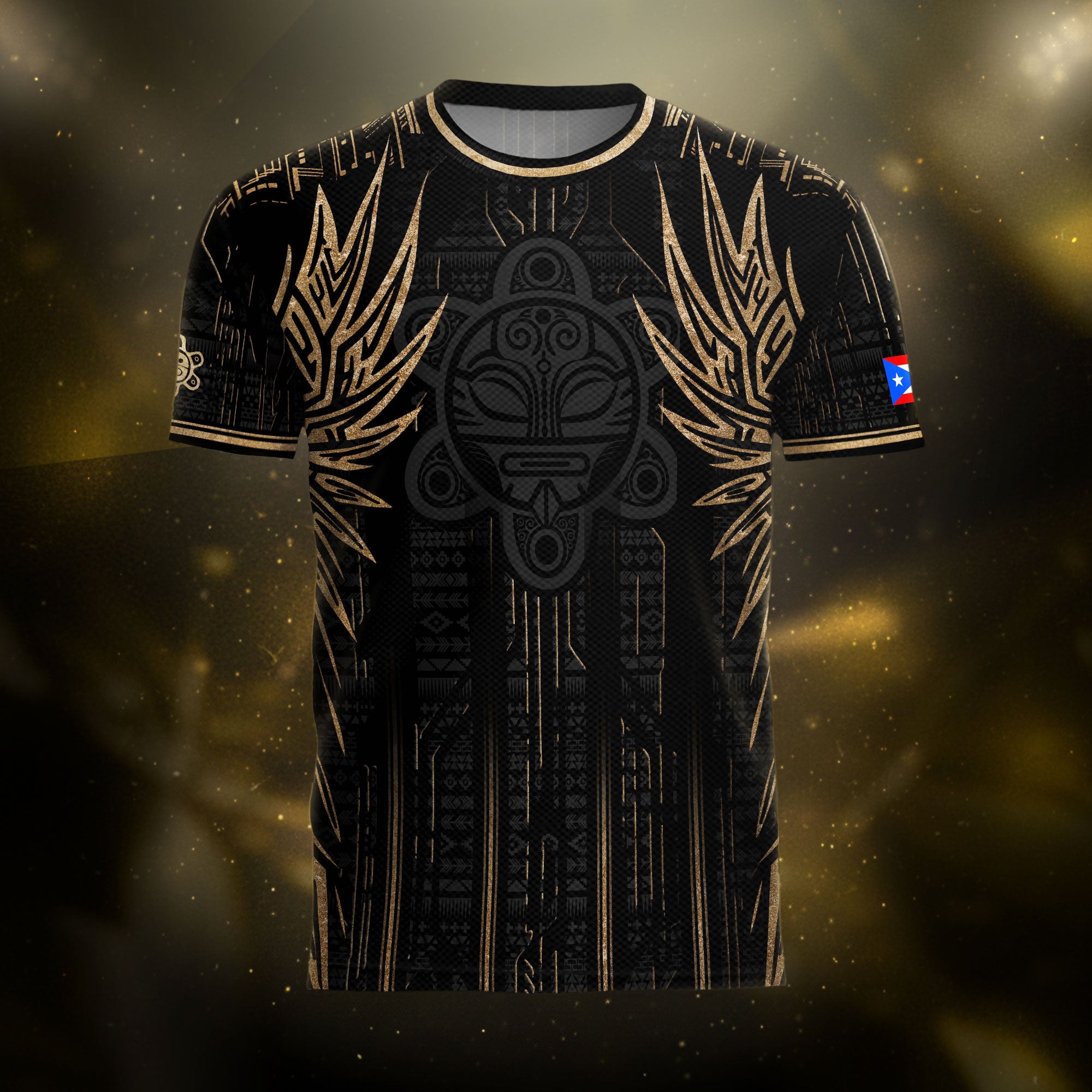 Camiseta de fútbol de la herencia nacional del guerrero tribal negro y dorado de Puerto Rico