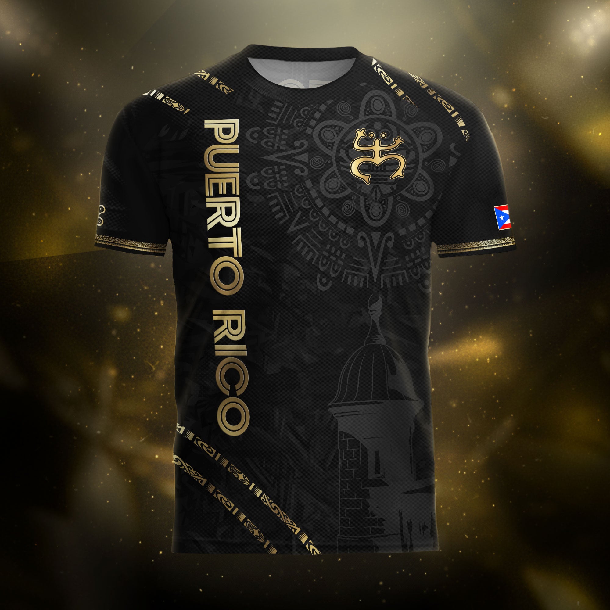 Camiseta de fútbol boricua de la herencia nacional del Sol Taino de la Rana Coquí Negra Dorada de Puerto Rico