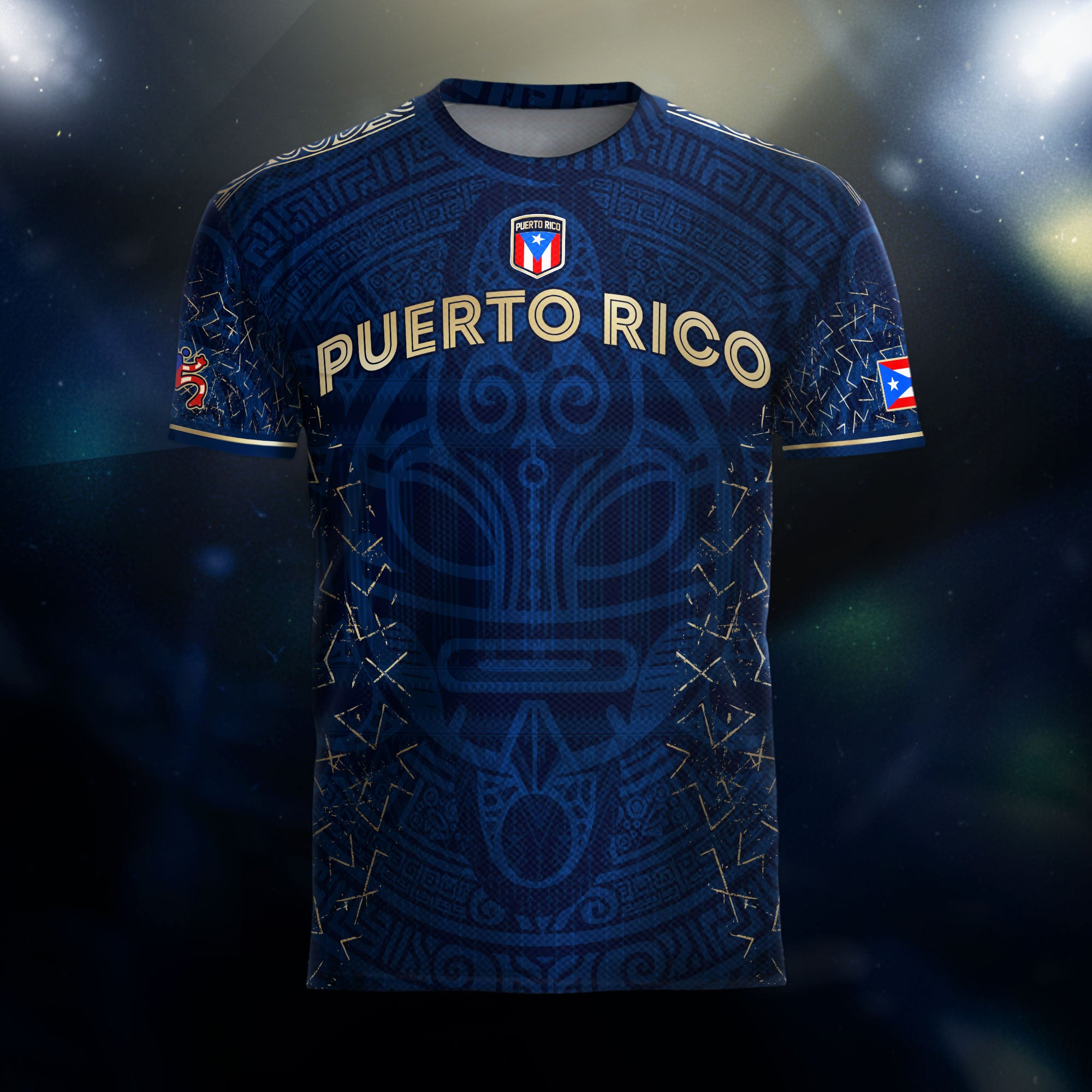 Camiseta de fútbol boricua de la herencia nacional con símbolo taíno azul real y dorado de Puerto Rico