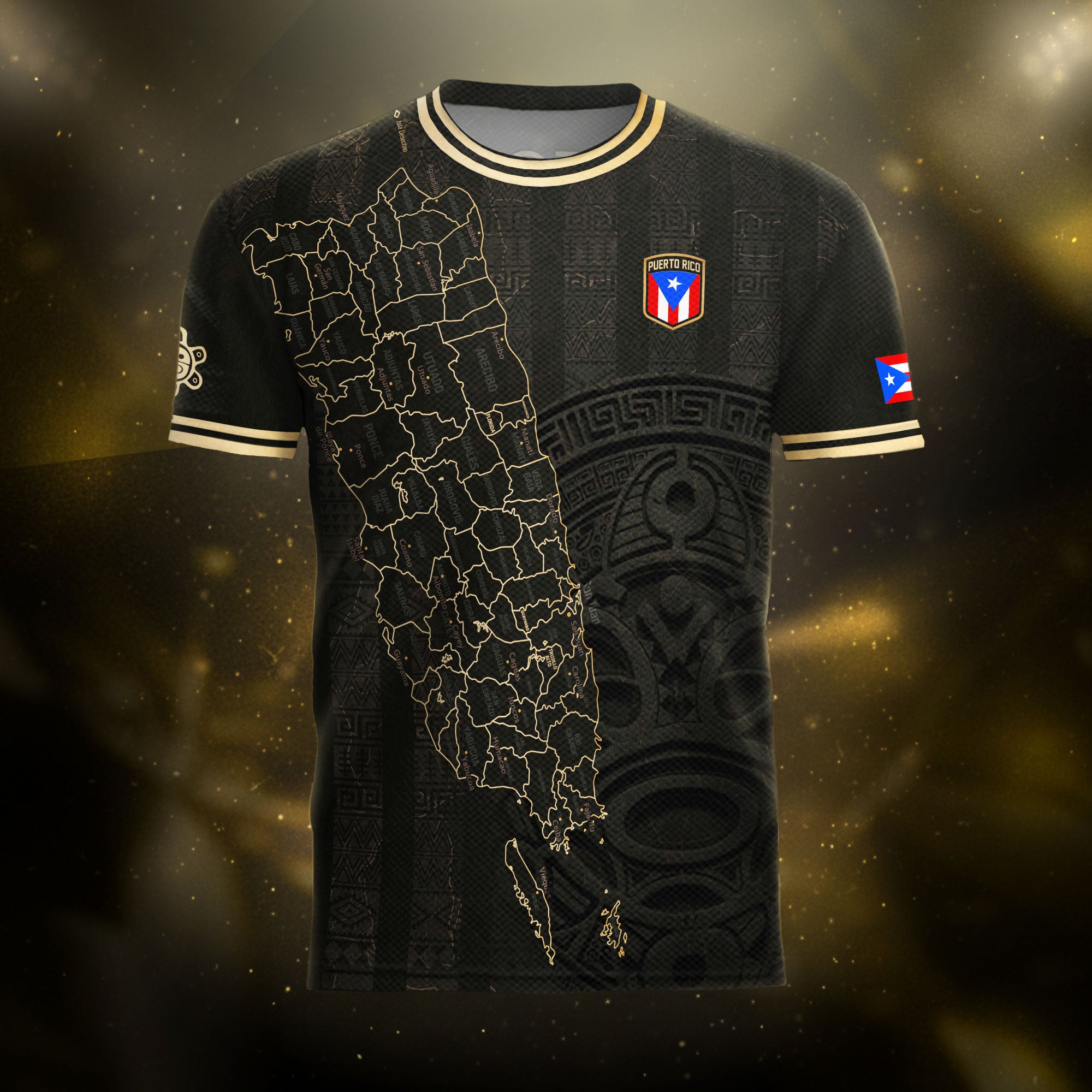 Camiseta de fútbol boricua del Patrimonio Nacional del Sol Taino con el Mapa de la Isla Dorada Negra de Puerto Rico