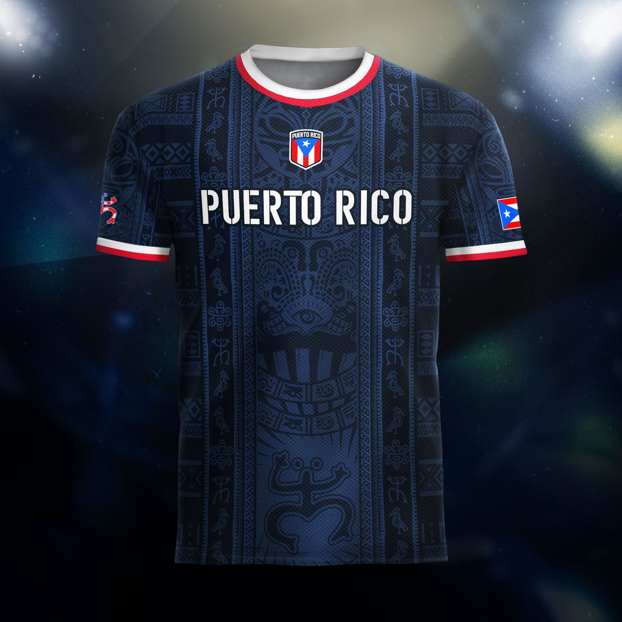 Camiseta de fútbol boricua de herencia nacional con patrón de símbolo taíno azul marino de Puerto Rico