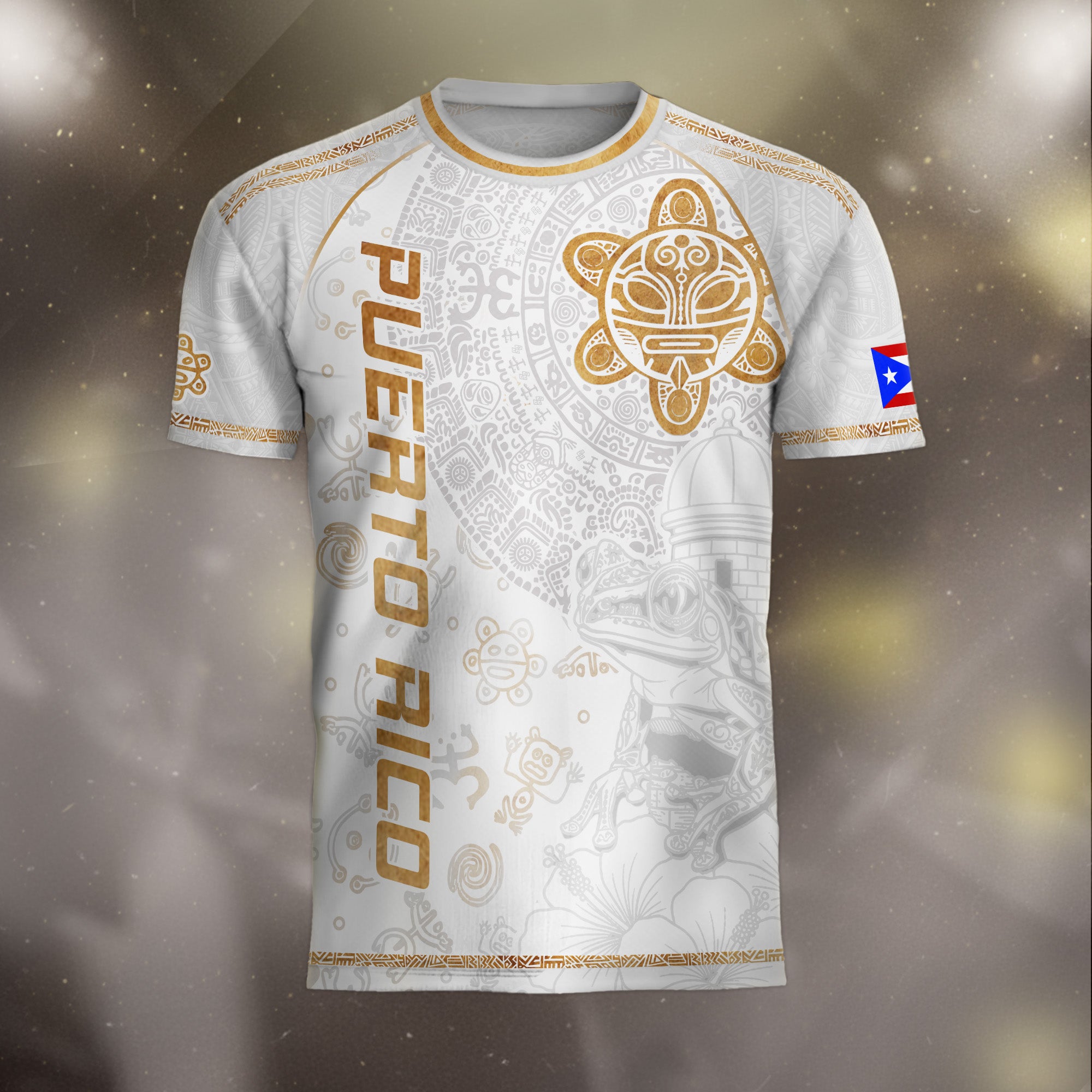 Camiseta de fútbol de la herencia nacional del sol taíno de Puerto Rico, rana coquí dorada blanca