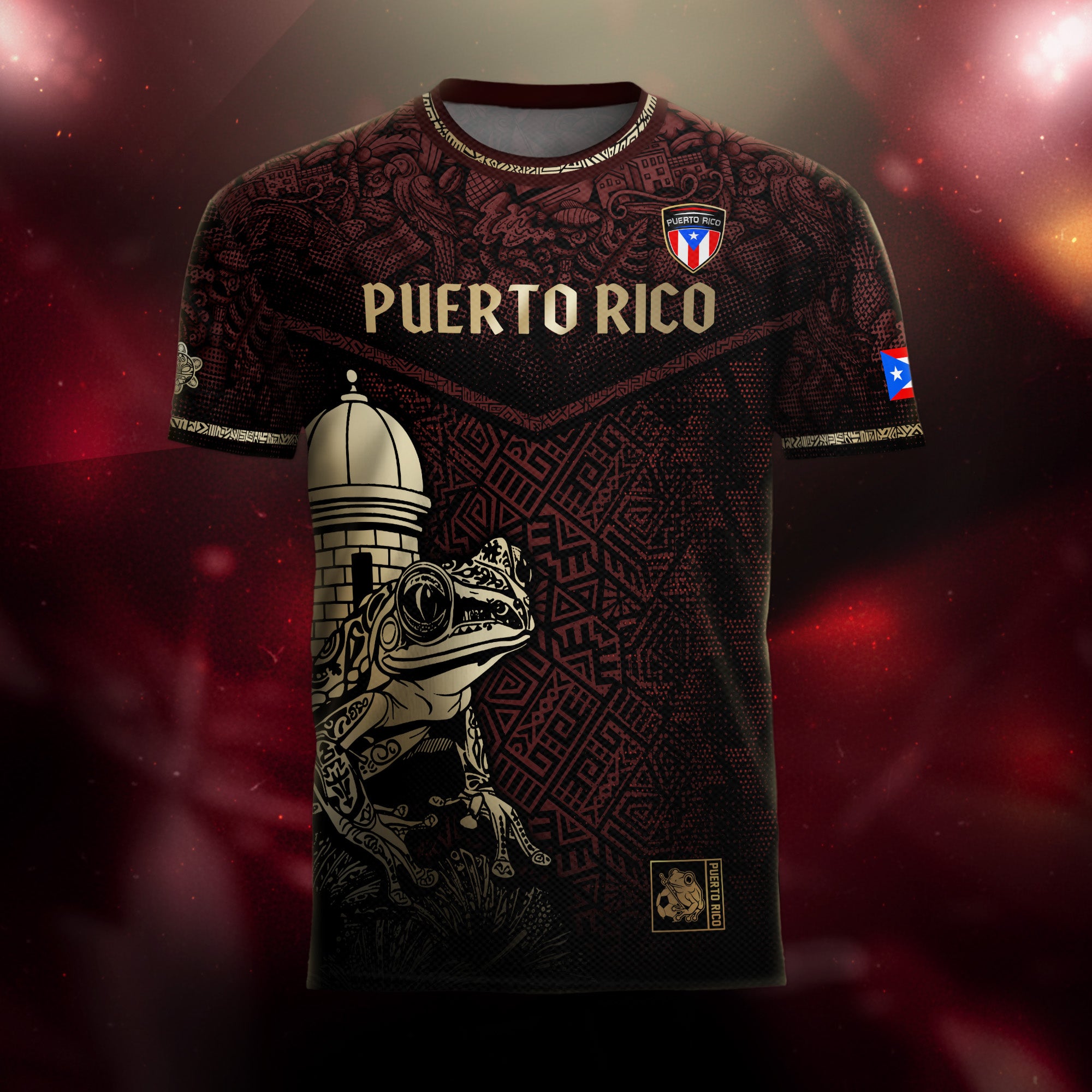 Puerto Rico Maroon Gold Coqui Frog Garita Taino Sun National Heritage Soccer Jersey