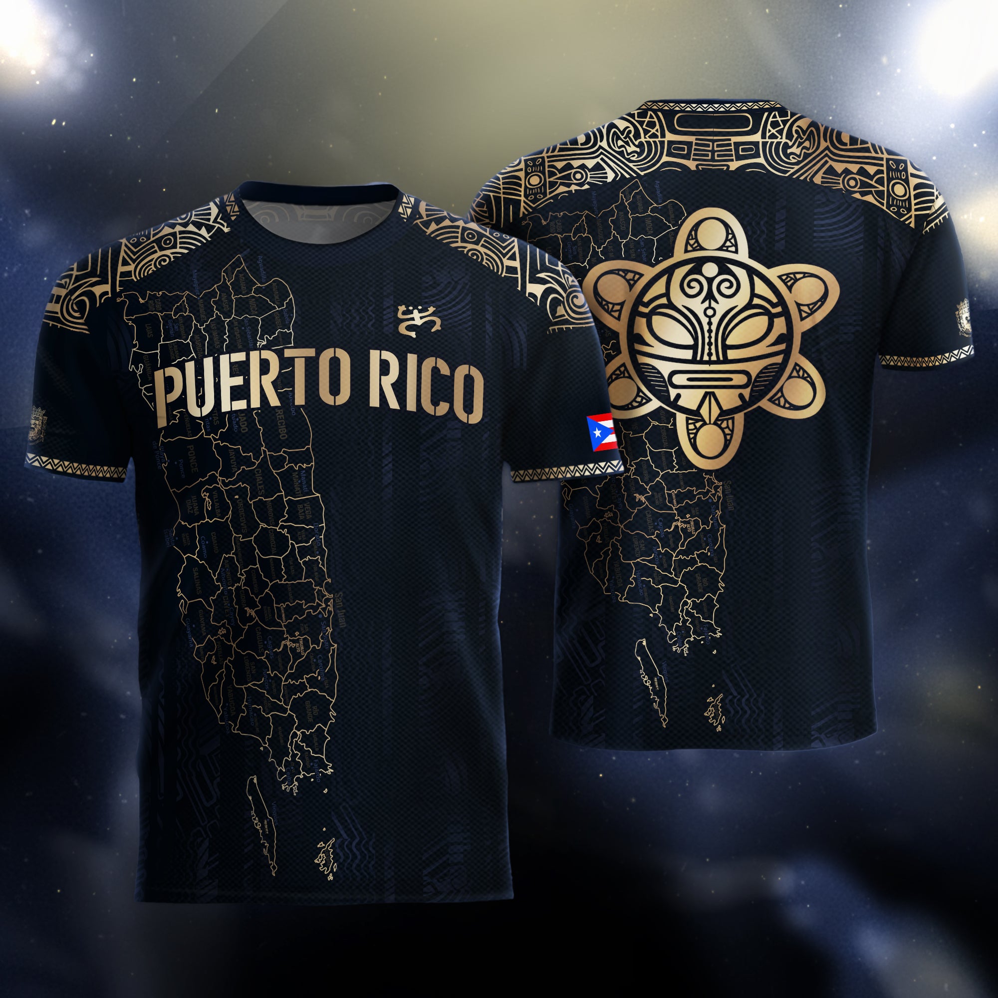 Camiseta de fútbol con máscara taína boricua azul marino de Puerto Rico, bandera tribal, orgullo nacional