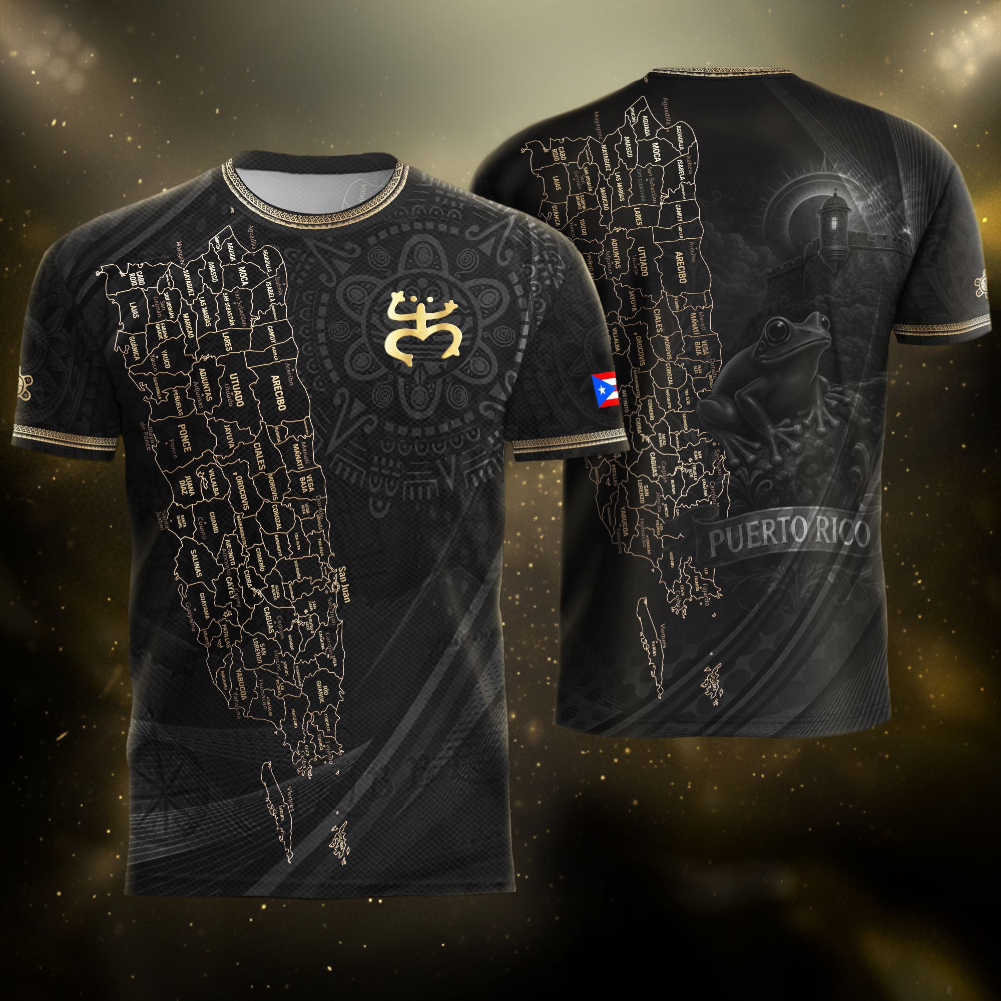 Puerto Rico Map Boricua Coqui Frog El Morro Gold Black Heritage Soccer Jersey