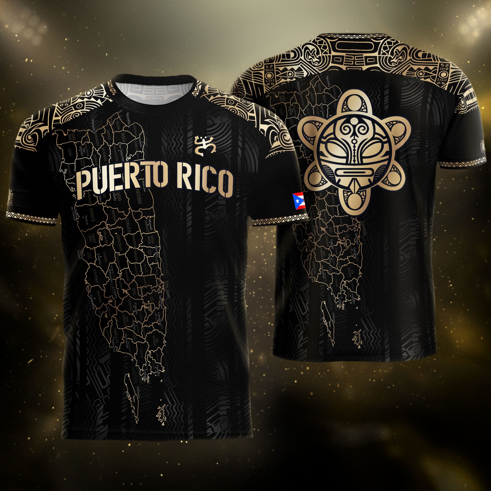 Camiseta de fútbol con el símbolo del mapa tribal boricua negro y dorado de Puerto Rico, herencia nacional