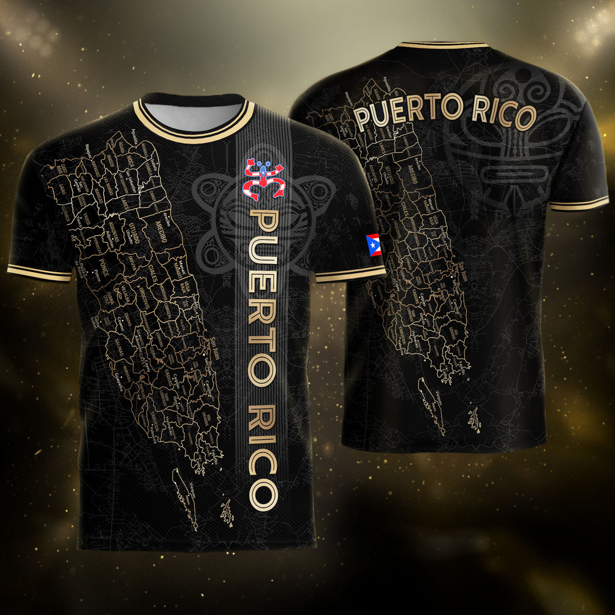 Puerto Rico Black Gold Boricua Taino Tribal Map Symbols National Soccer Jersey