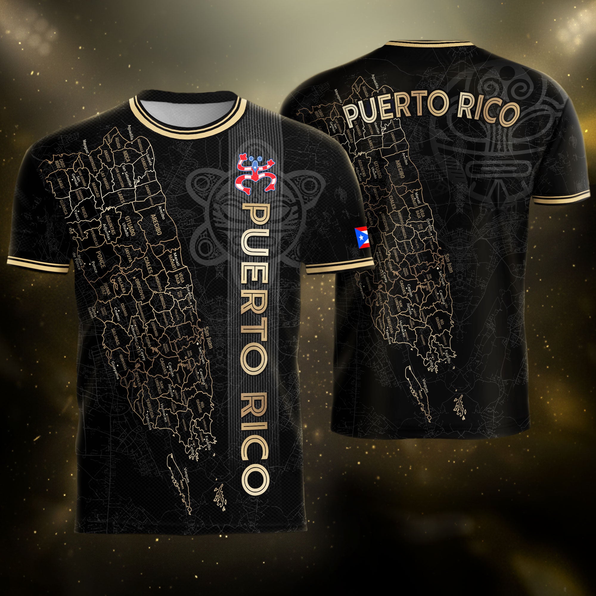 Camiseta nacional de fútbol con símbolos tribales boricuas y taínos de Puerto Rico en oro negro