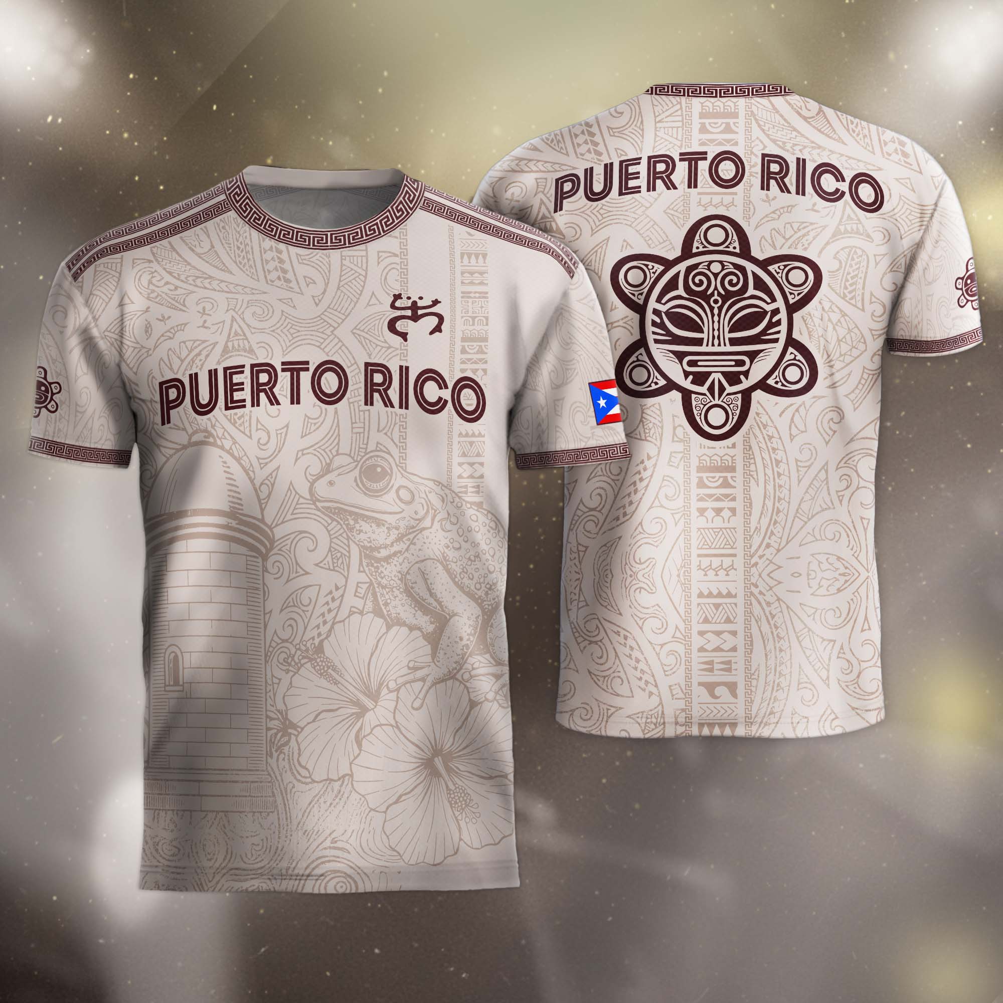 Camiseta de fútbol de Puerto Rico con símbolo tribal blanco burdeos y herencia nacional