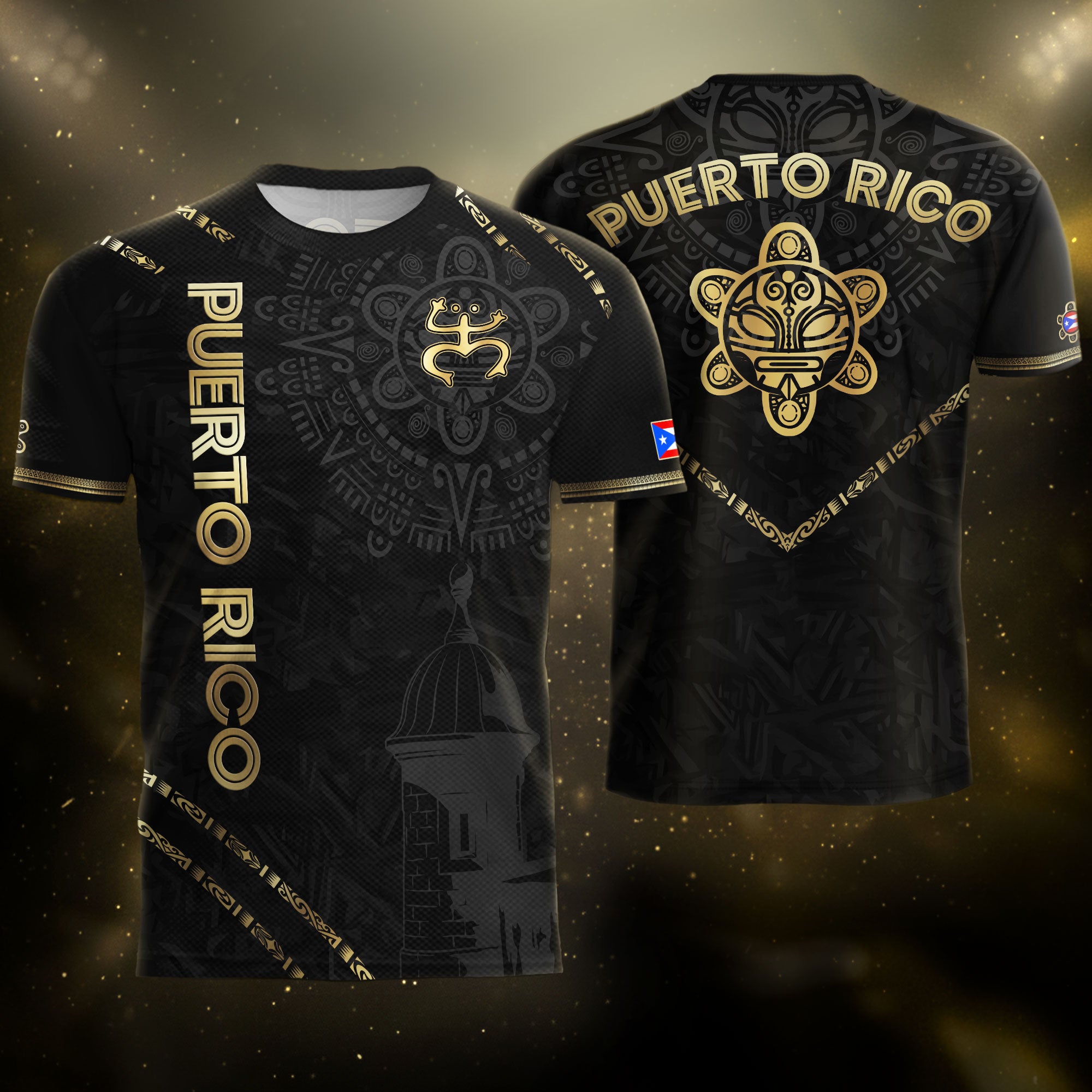 Camiseta de fútbol boricua de la herencia nacional del Sol Taino de la Rana Coquí Negra Dorada de Puerto Rico