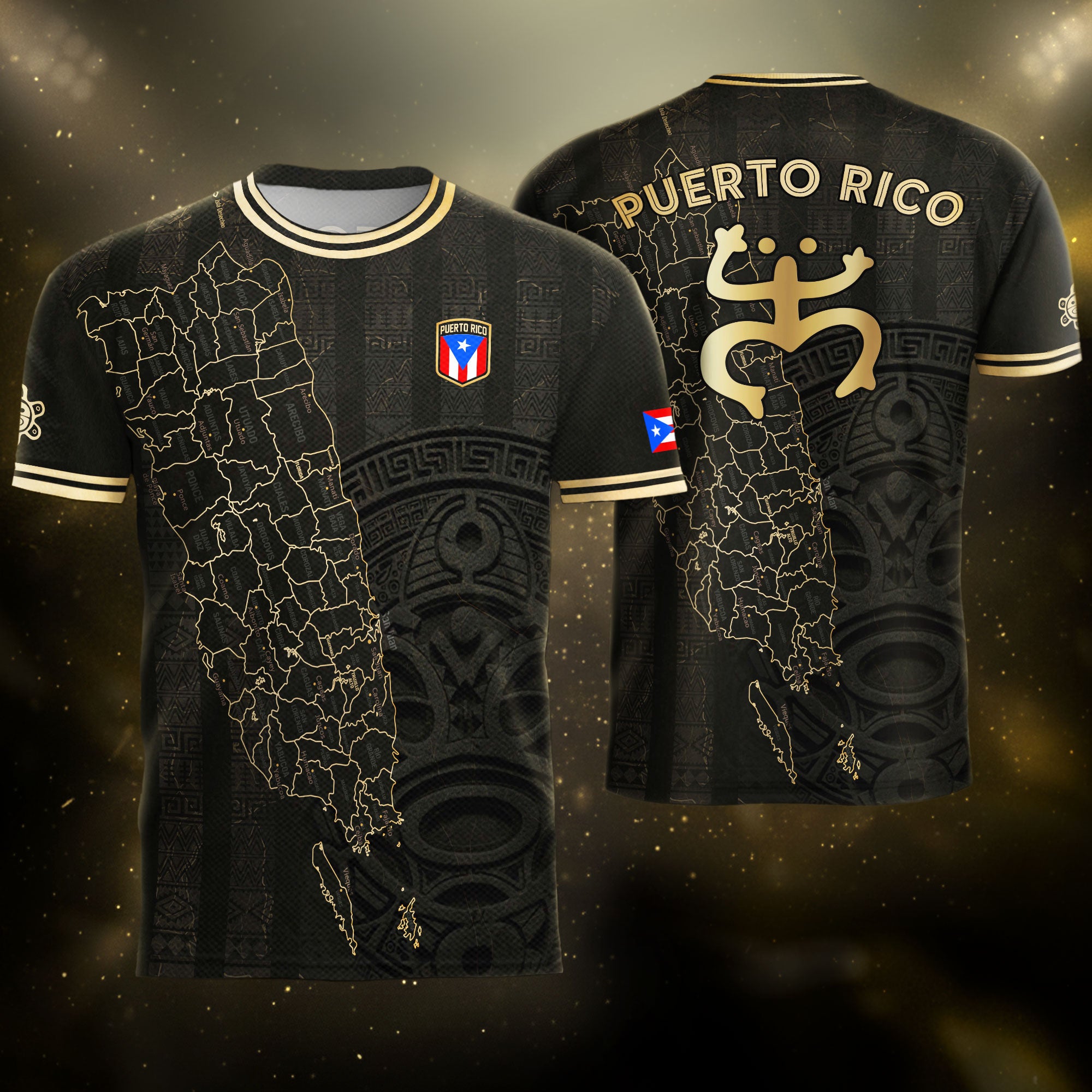 Camiseta de fútbol boricua del Patrimonio Nacional del Sol Taino con el Mapa de la Isla Dorada Negra de Puerto Rico