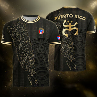Taino Sun Black Gold Puerto Rico Soccer Jersey for Men and Women, Island Map National Heritage, Puerto Rico Jersey and Puerto Rico Shirt, Northryn Co.