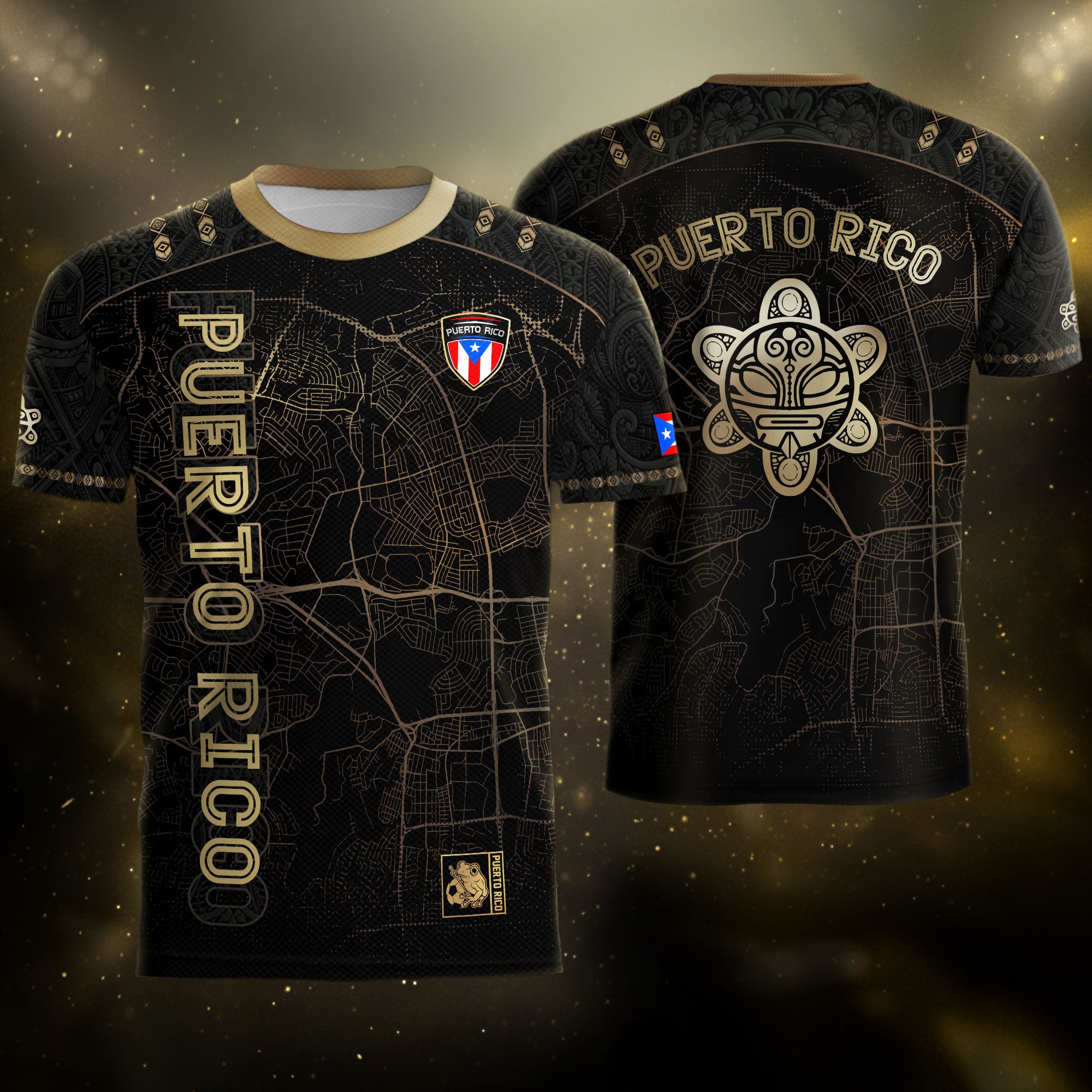 Camiseta de fútbol boricua del Patrimonio Nacional del Sol Taino con mapa de calles de Puerto Rico en negro y dorado