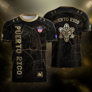 Puerto Rico Soccer Jersey in Black Gold for Men and Women, Street Map Taino Sun National Heritage, Puerto Rico Shirt, Puerto Rico Jersey, Northryn Co.
