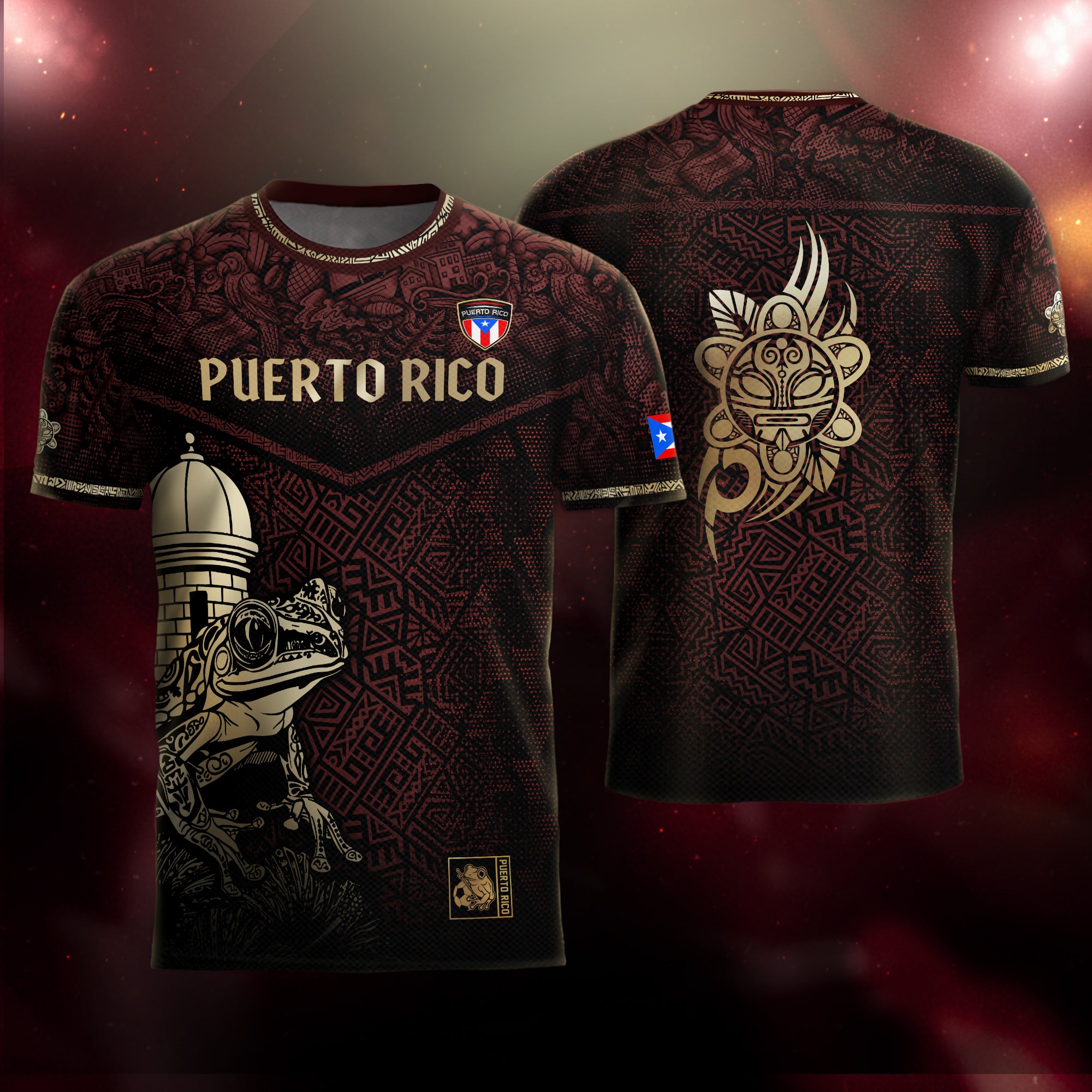 Puerto Rico Maroon Gold Coqui Frog Garita Taino Sun National Heritage Soccer Jersey